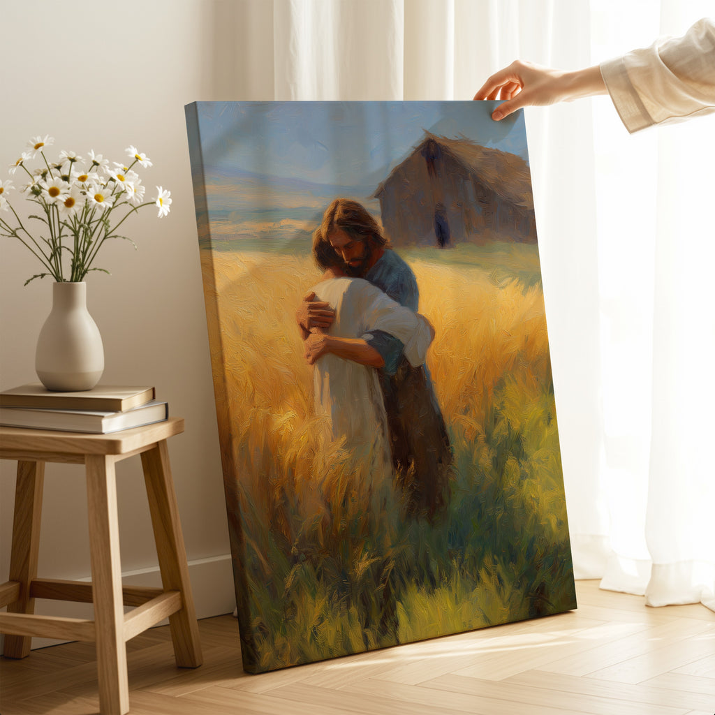 Jesus Embracing a Boy in a Field - Abstract Oil Paint Style
