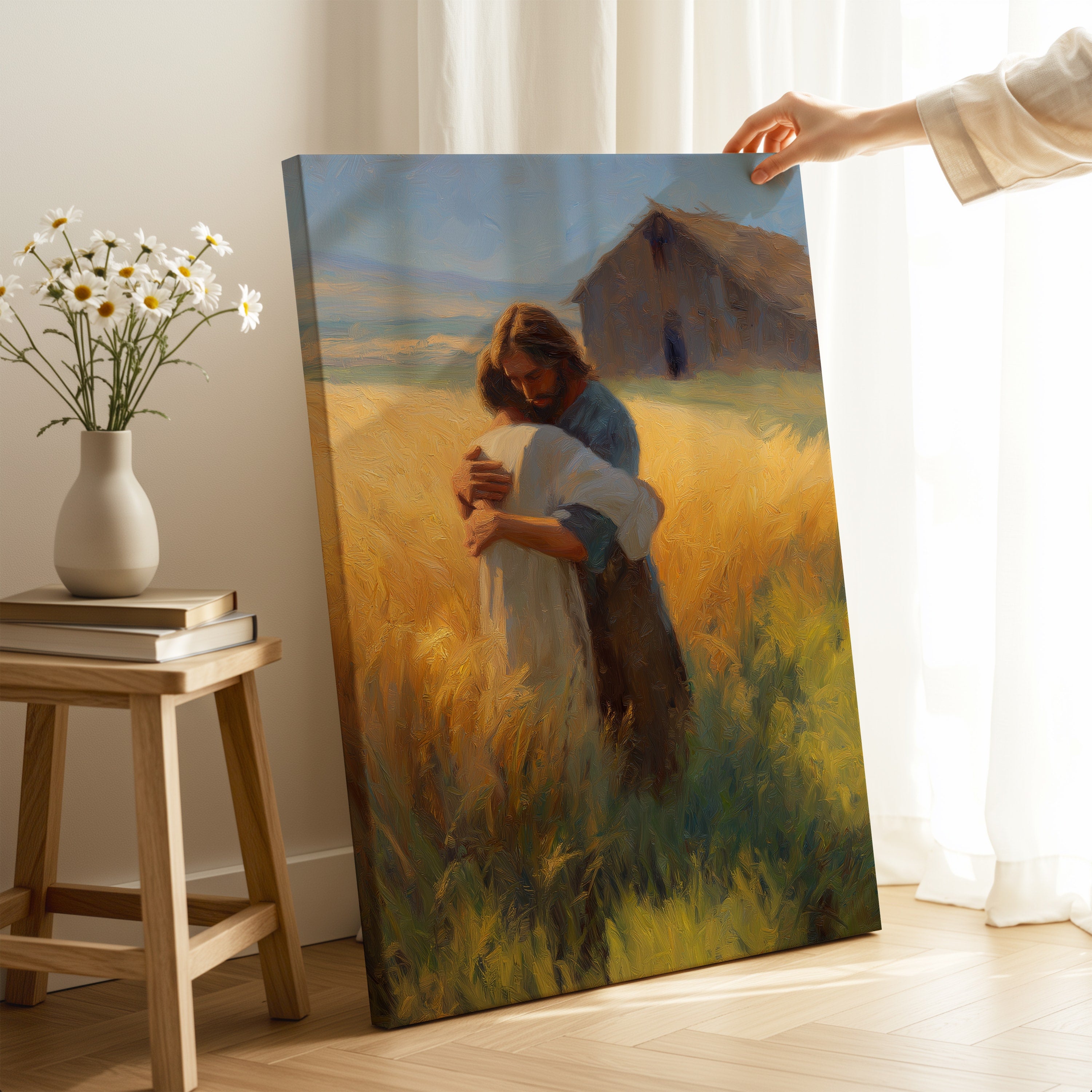 Jesus Embracing a Boy in a Field - Abstract Oil Paint Style