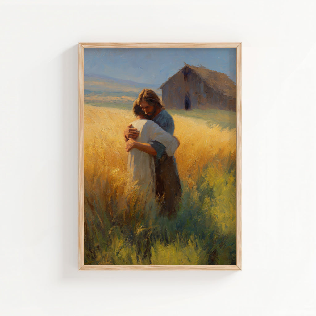 Jesus Embracing a Boy in a Field - Abstract Oil Paint Style