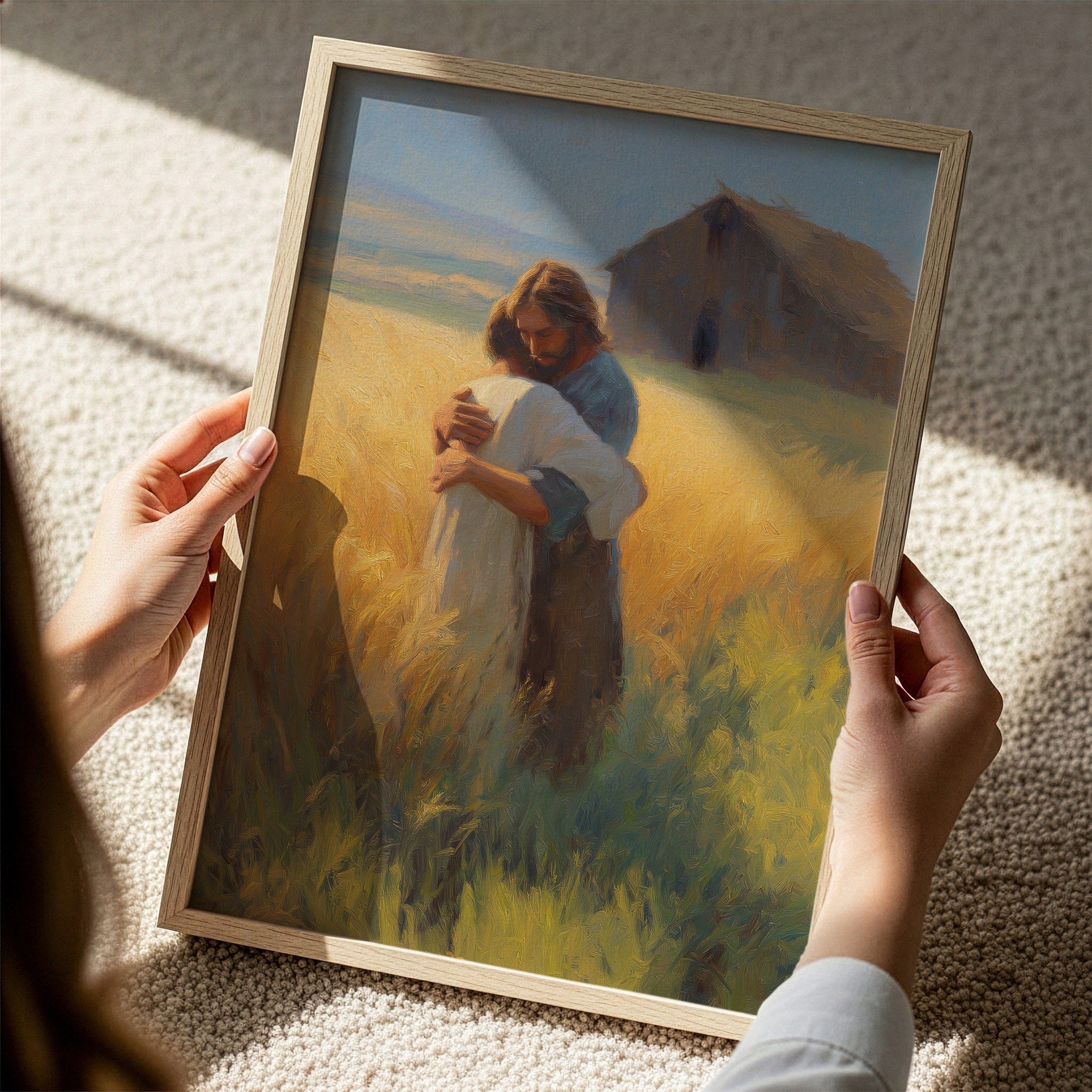 Jesus Embracing a Boy in a Field - Abstract Oil Paint Style