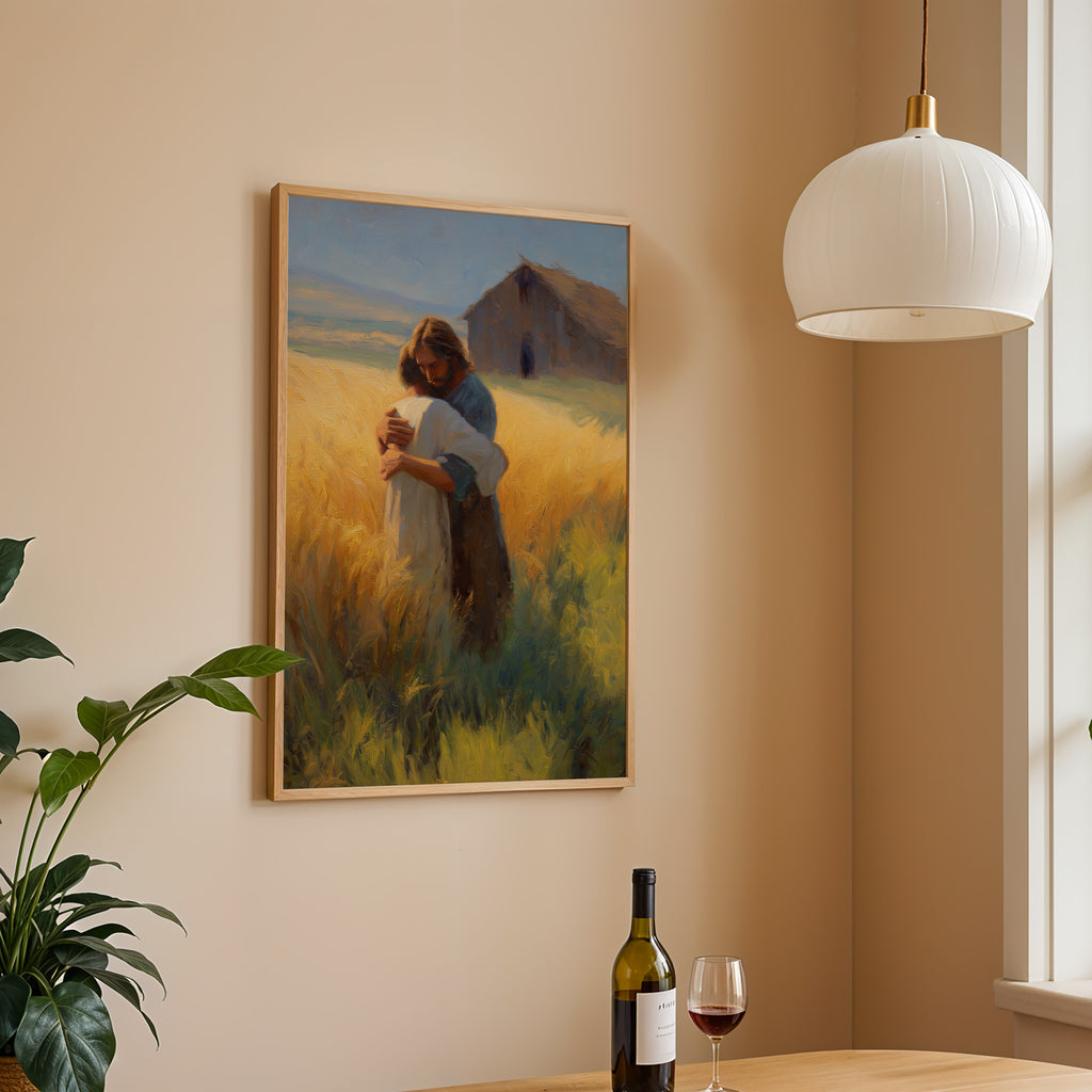 Jesus Embracing a Boy in a Field - Abstract Oil Paint Style