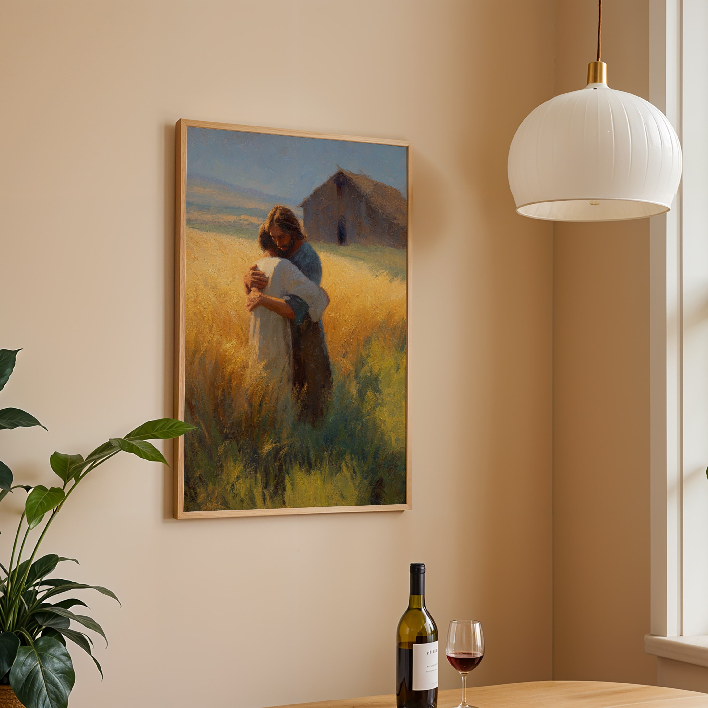 Jesus Embracing a Boy in a Field - Abstract Oil Paint Style