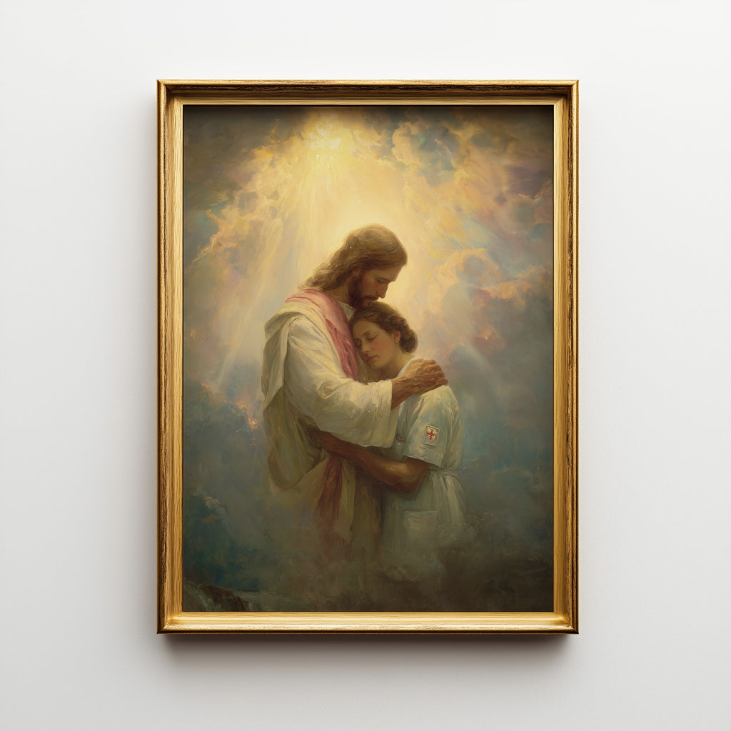 Jesus Comforting a Nurse in the Clouds