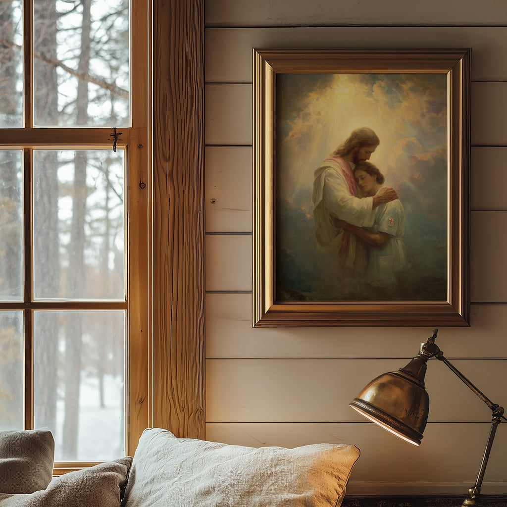 Jesus Comforting a Nurse in the Clouds