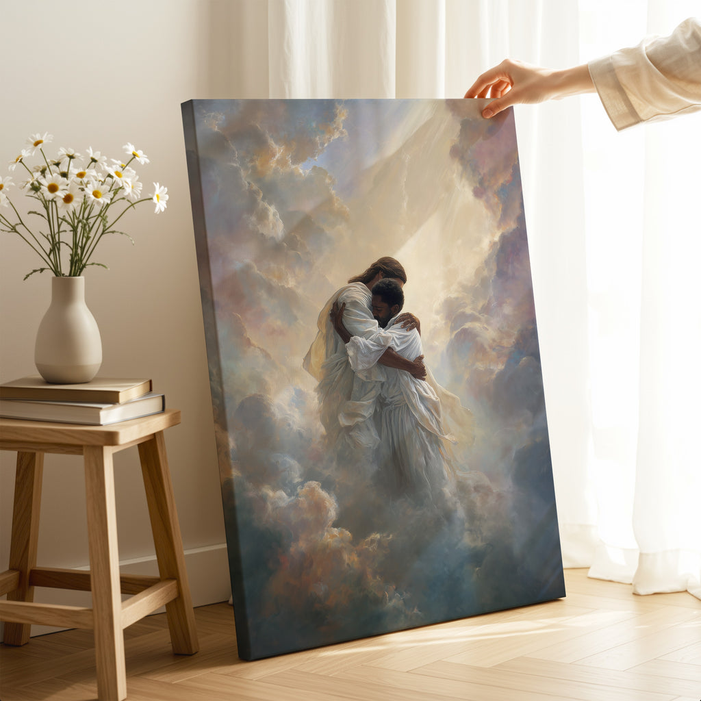 Jesus Embracing a Black Man in the Clouds