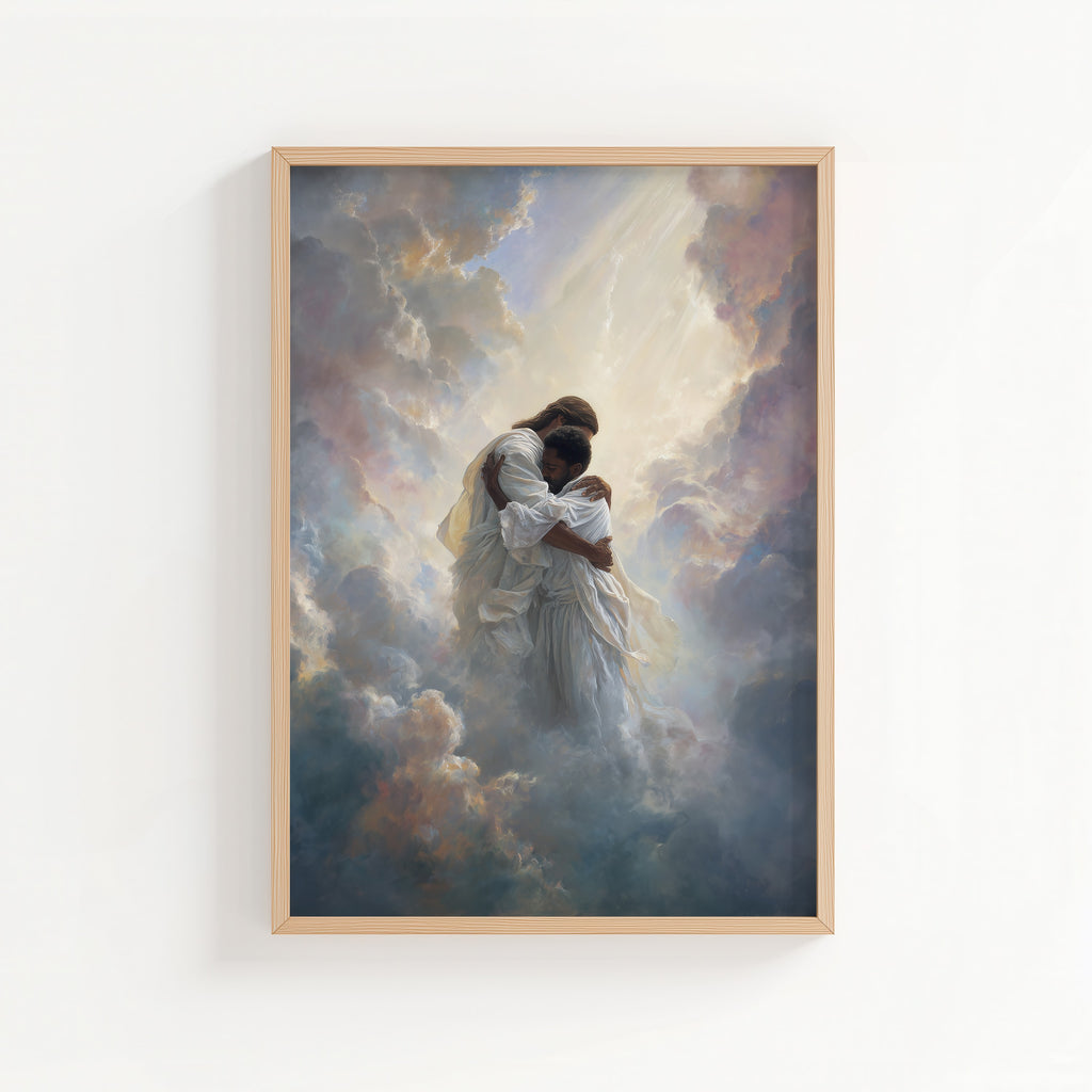Jesus Embracing a Black Man in the Clouds