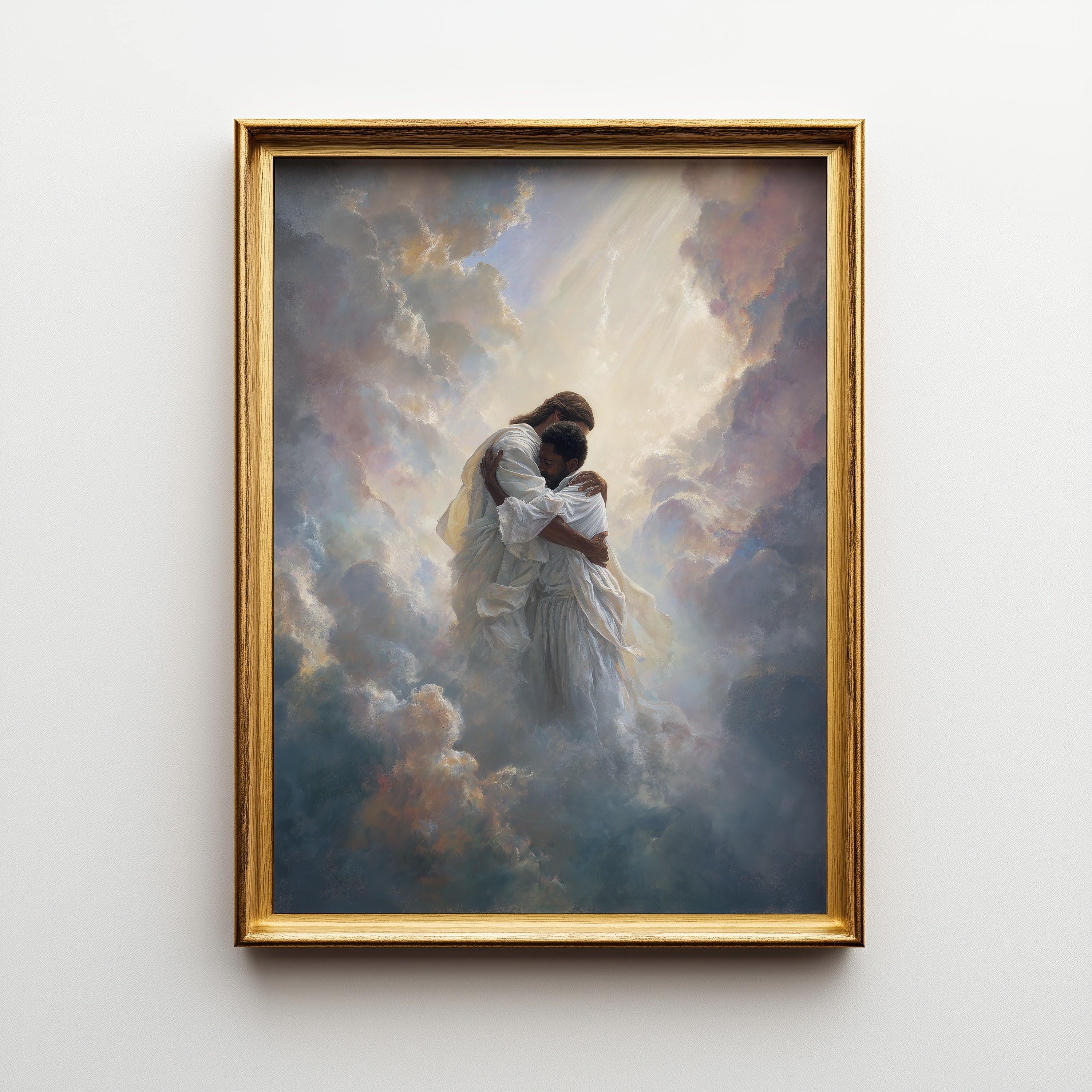 Jesus Embracing a Black Man in the Clouds