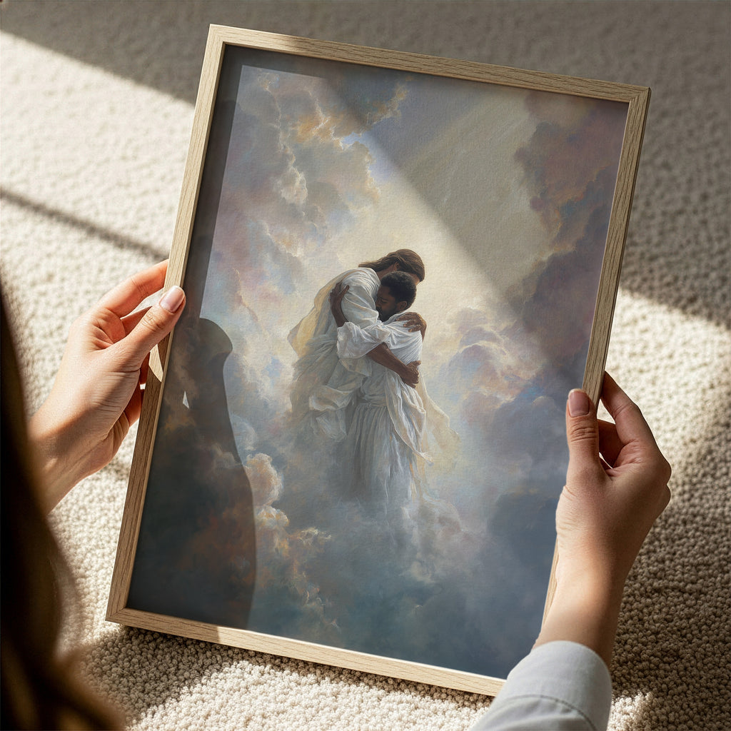 Jesus Embracing a Black Man in the Clouds