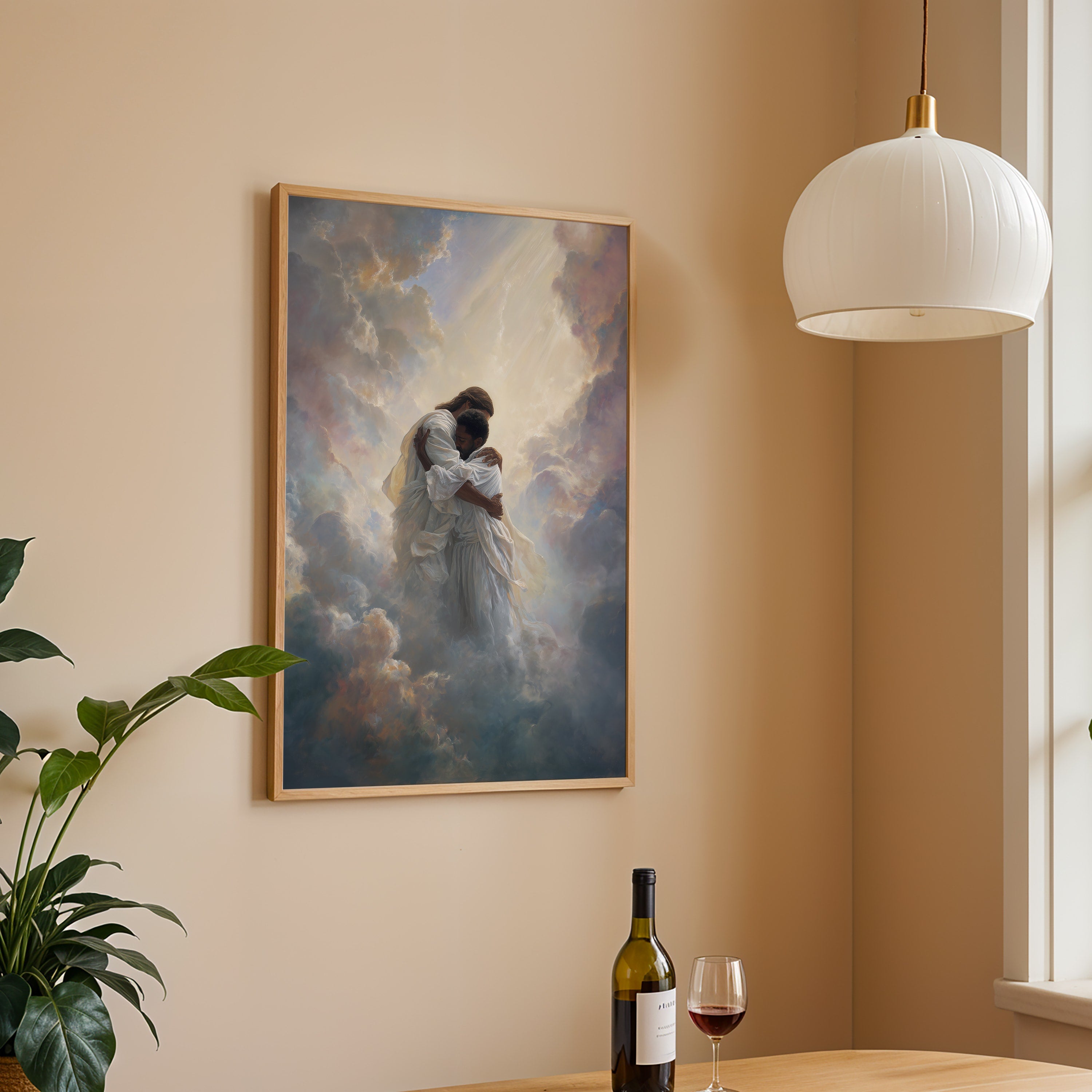Jesus Embracing a Black Man in the Clouds