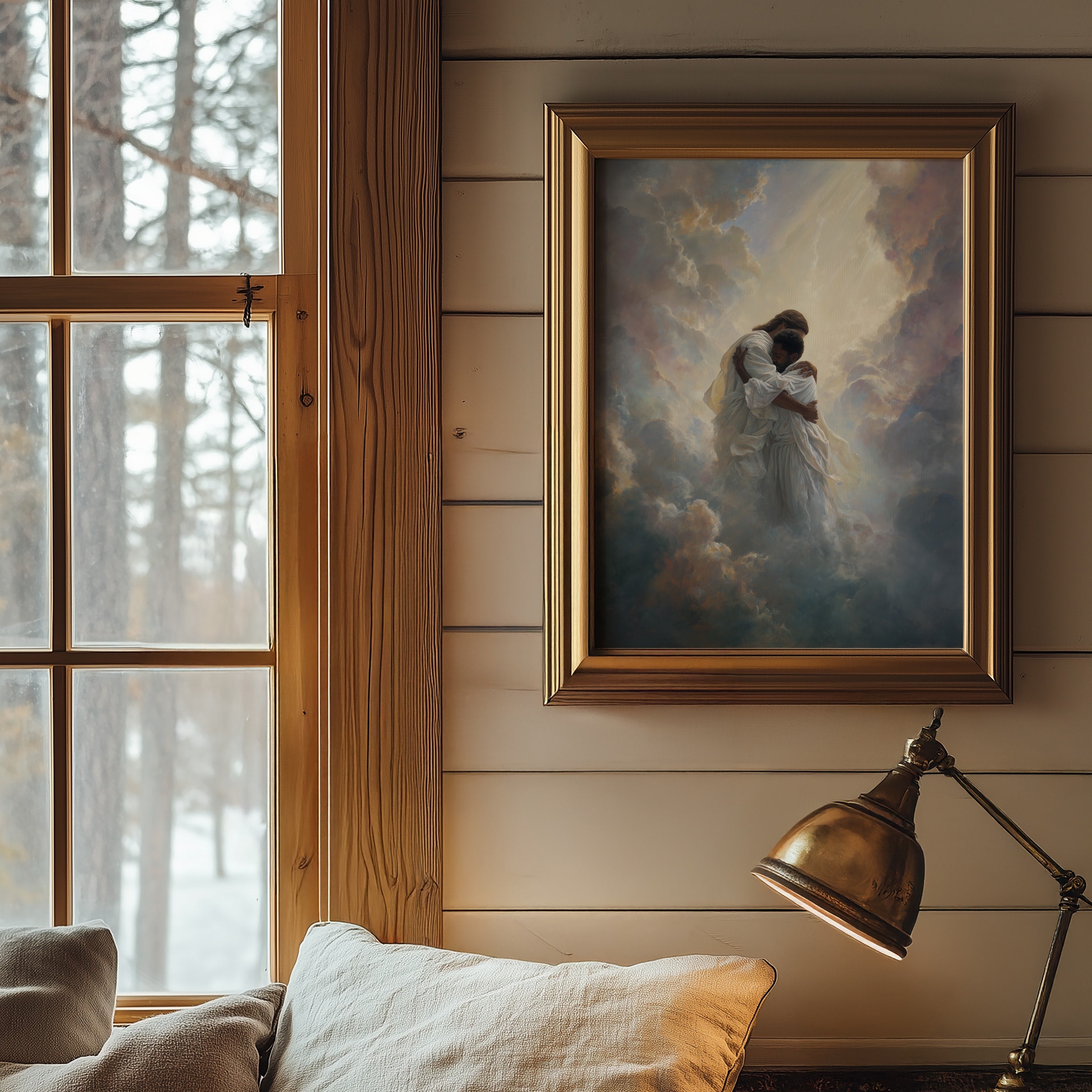 Jesus Embracing a Black Man in the Clouds