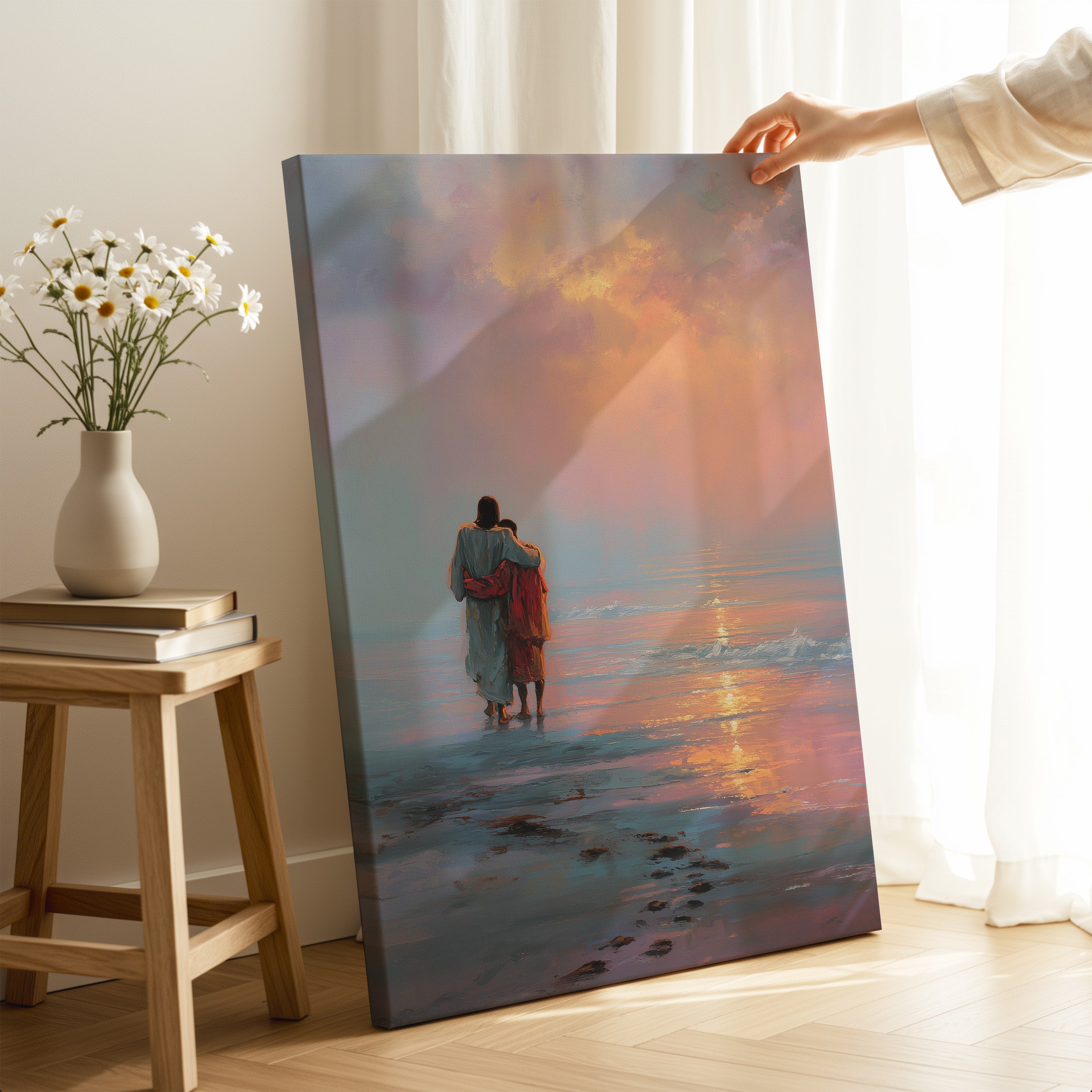 Jesus Embracing a Black Man on the Beach