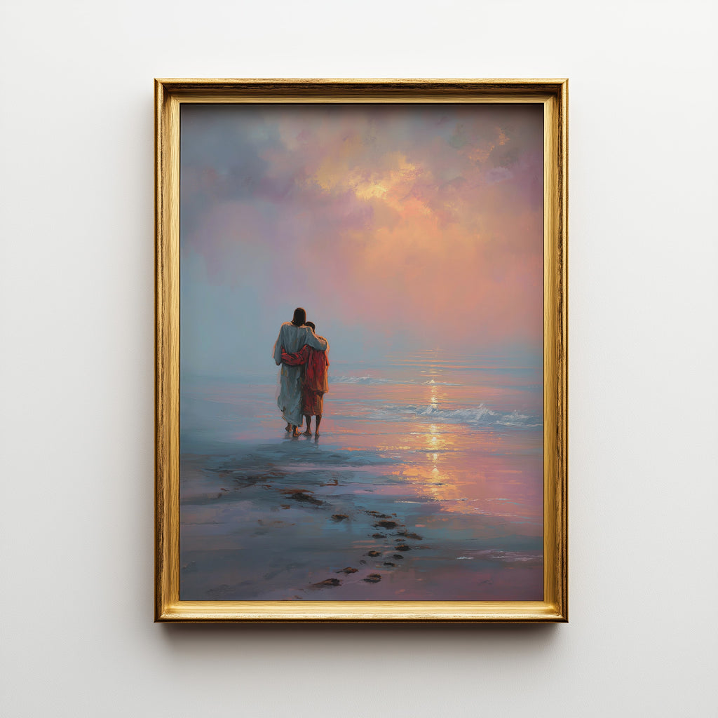 Jesus Embracing a Black Man on the Beach