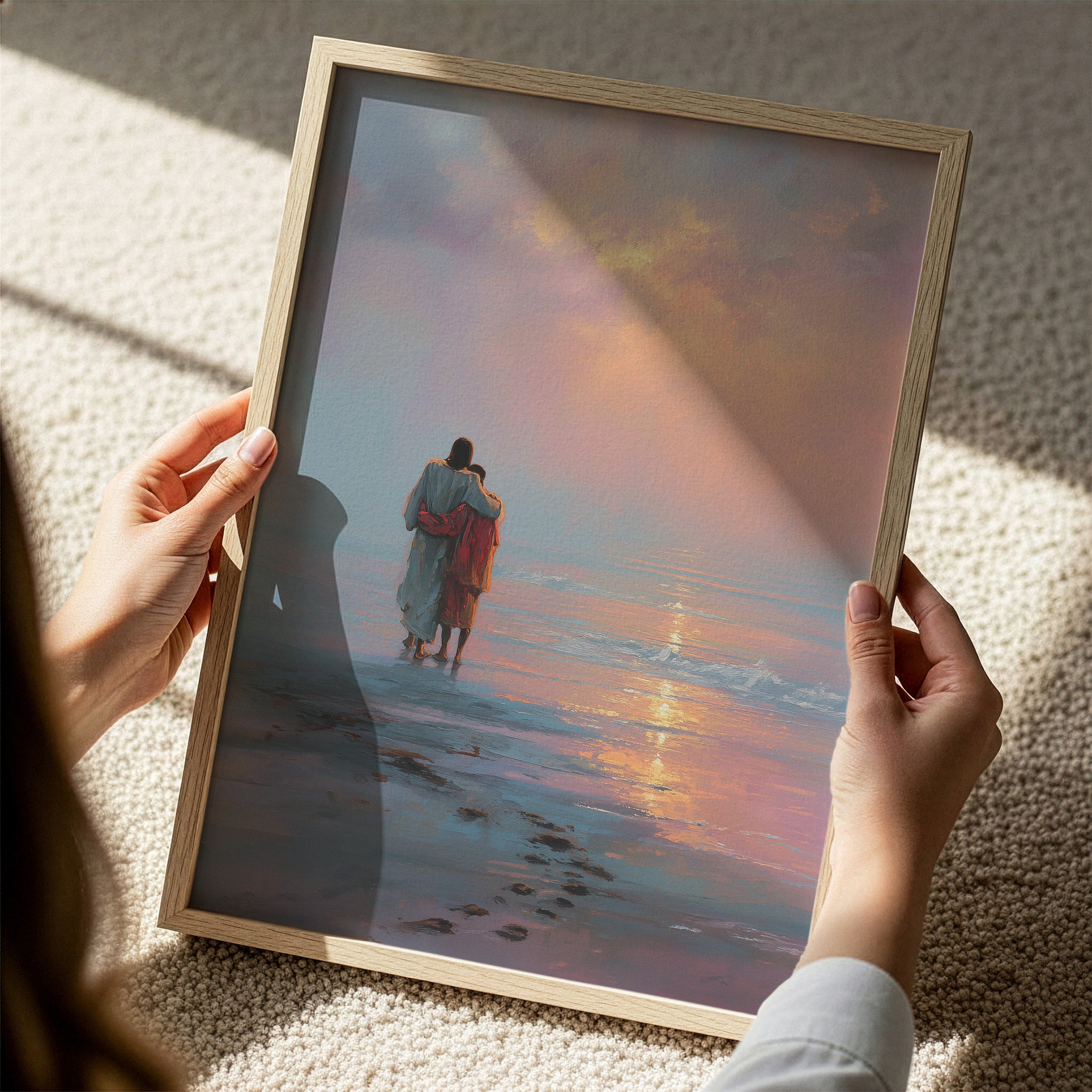 Jesus Embracing a Black Man on the Beach