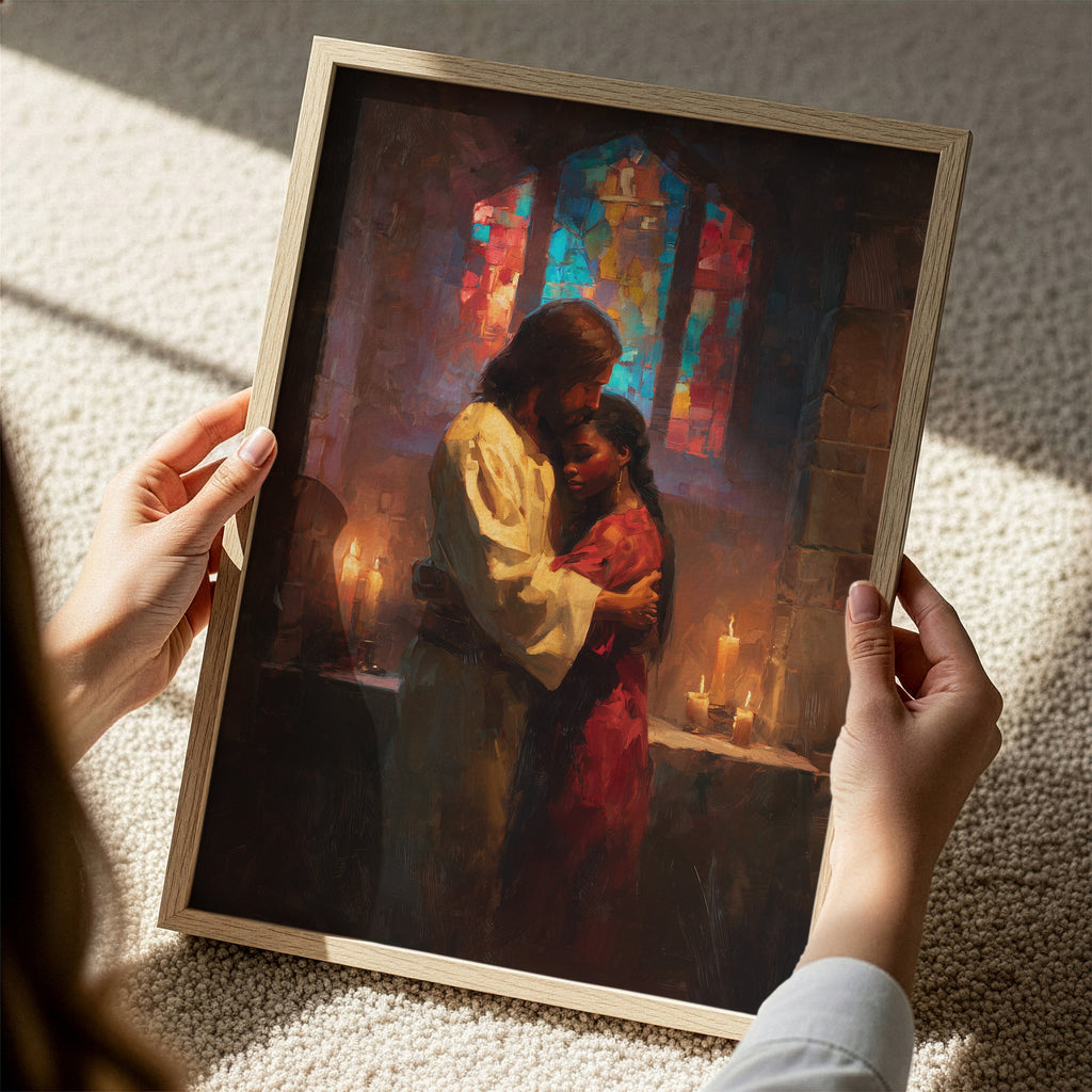Jesus Embracing a Black Woman in Church