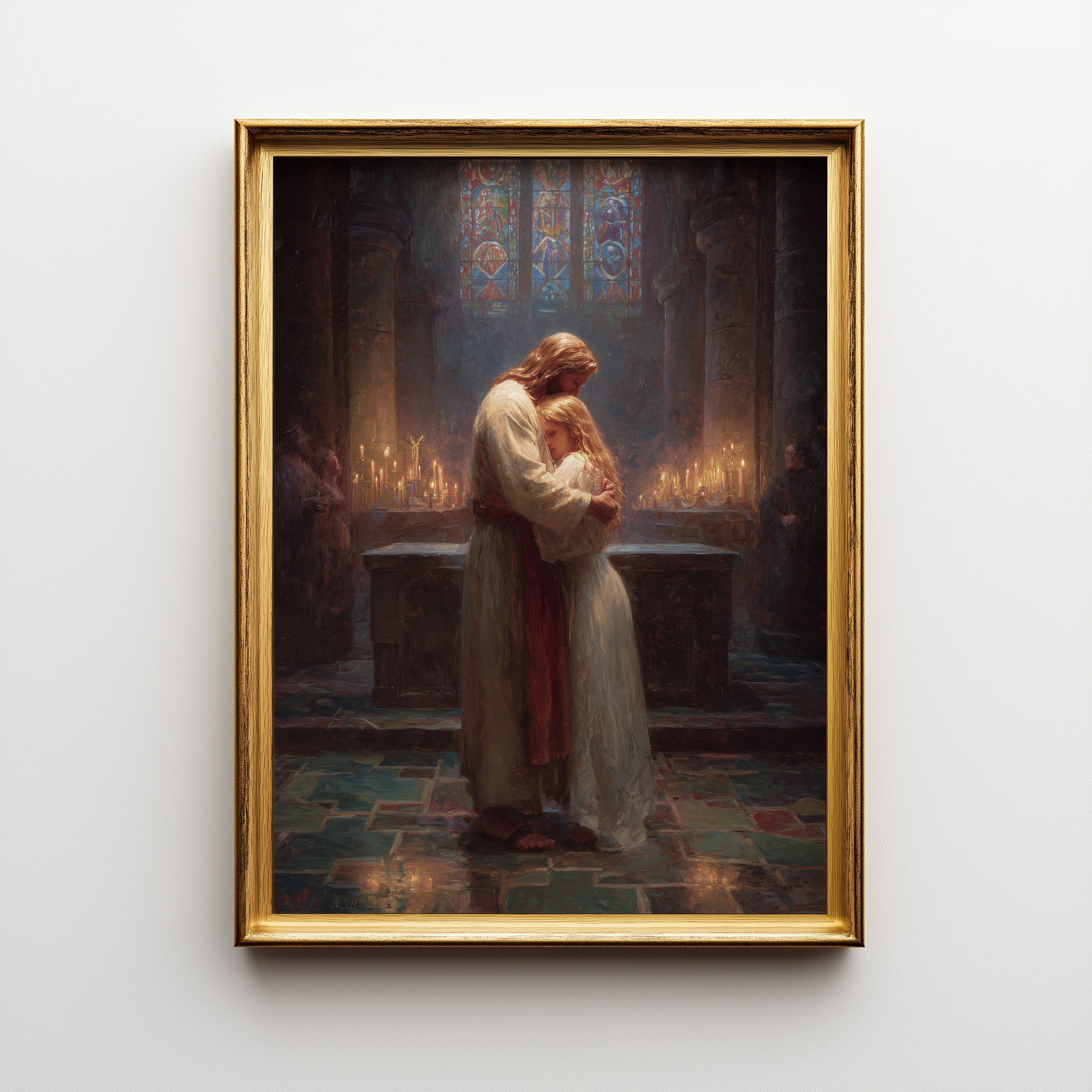 Jesus Embracing a Blond Woman in Church