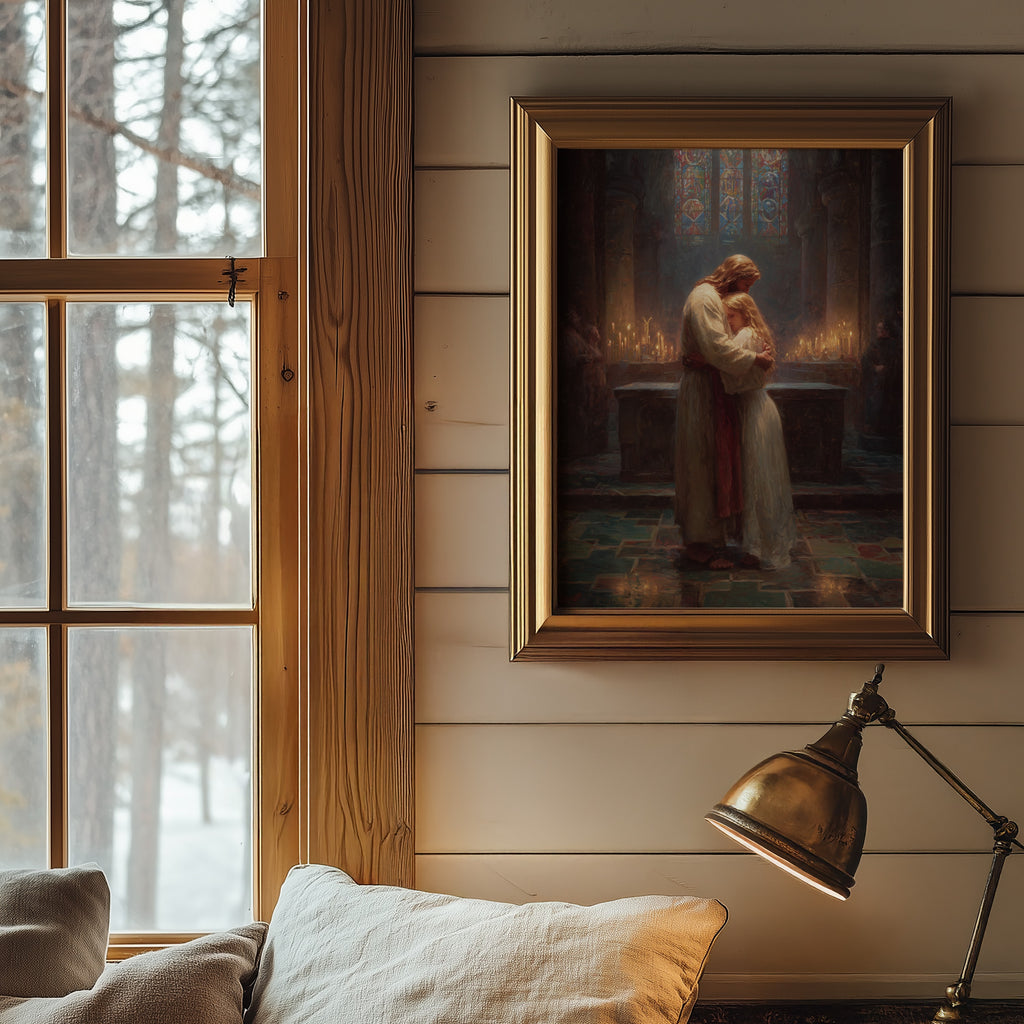 Jesus Embracing a Blond Woman in Church