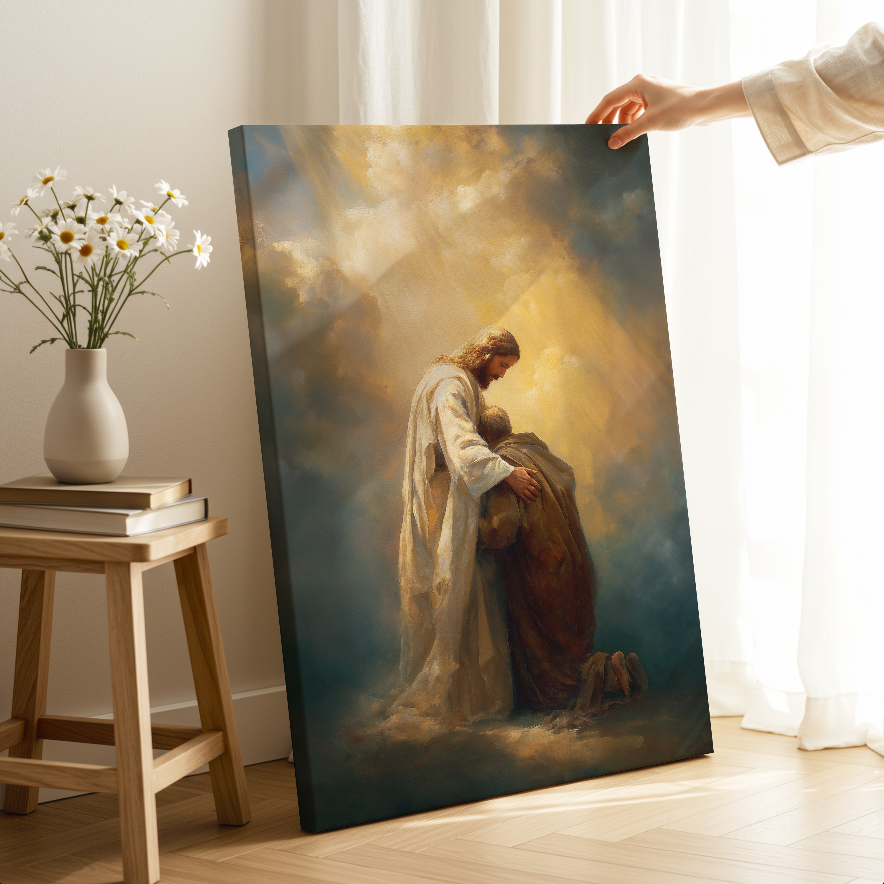 Healing Pain - Jesus Embracing Man in the Clouds