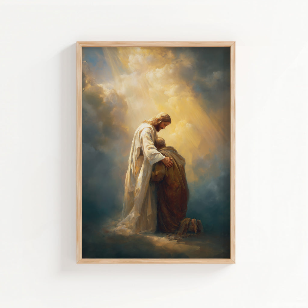 Healing Pain - Jesus Embracing Man in the Clouds