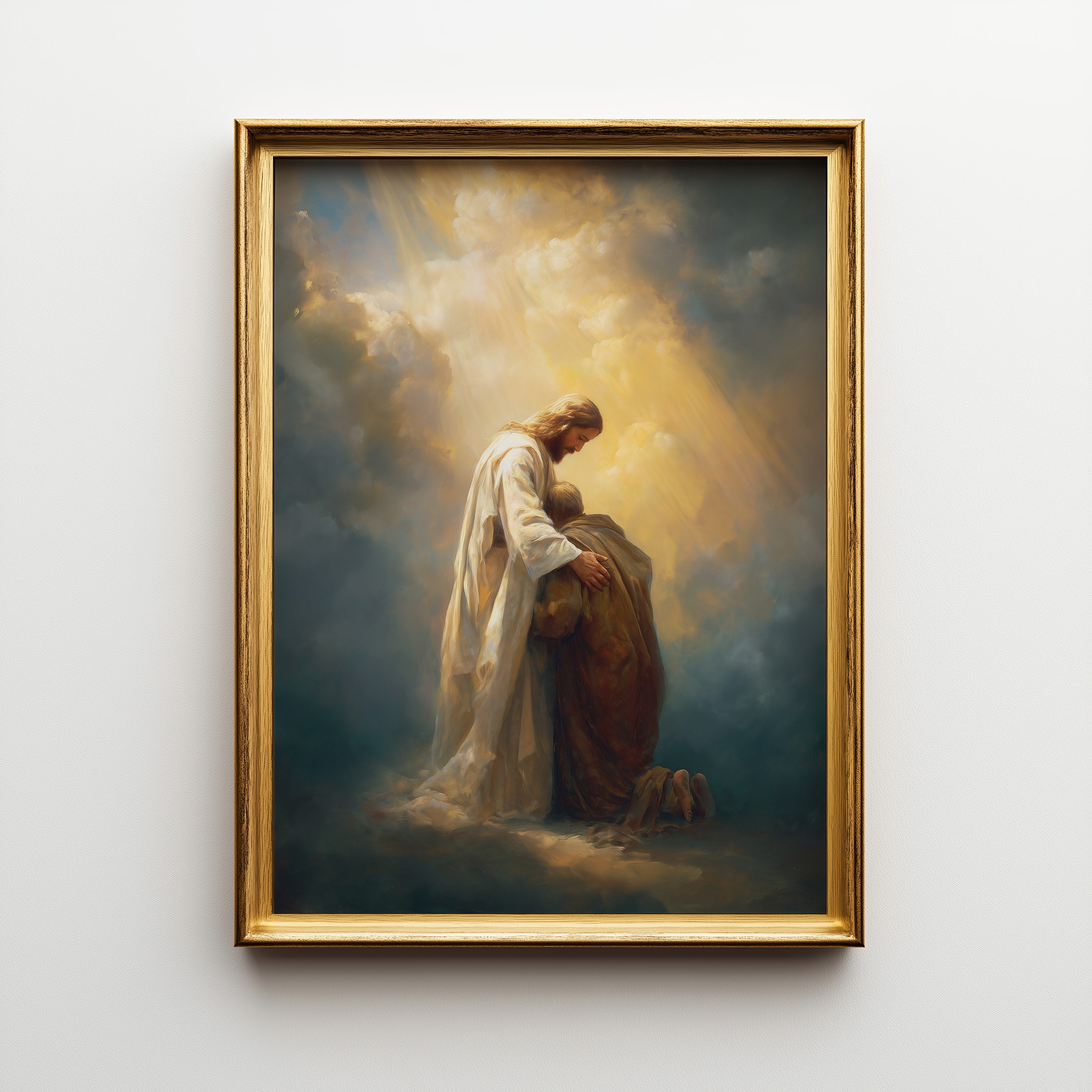 Healing Pain - Jesus Embracing Man in the Clouds