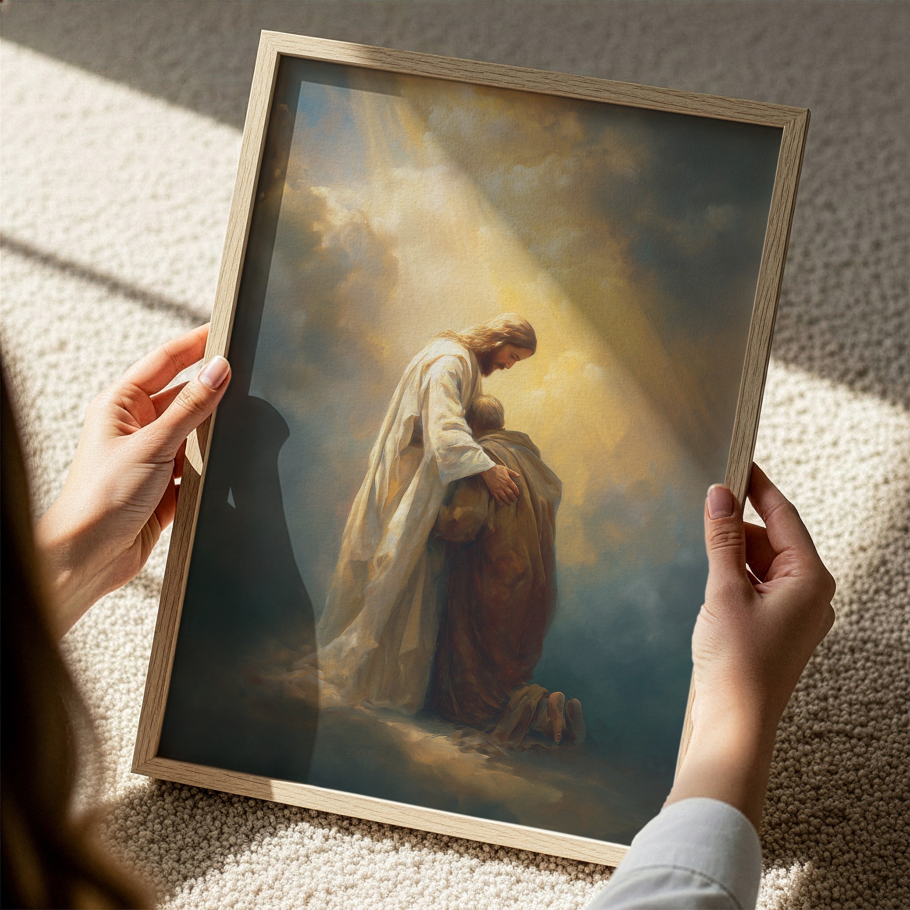 Healing Pain - Jesus Embracing Man in the Clouds