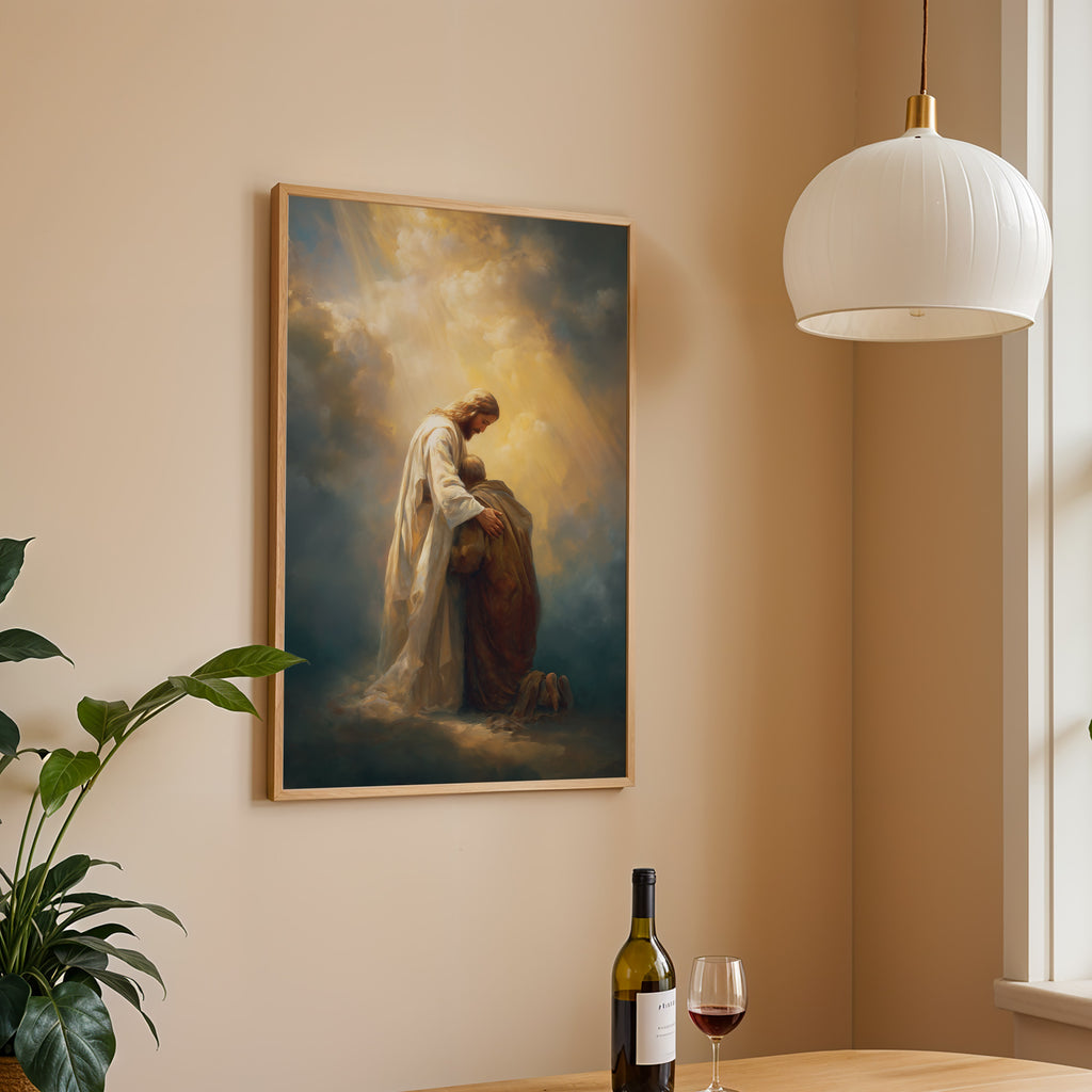 Healing Pain - Jesus Embracing Man in the Clouds