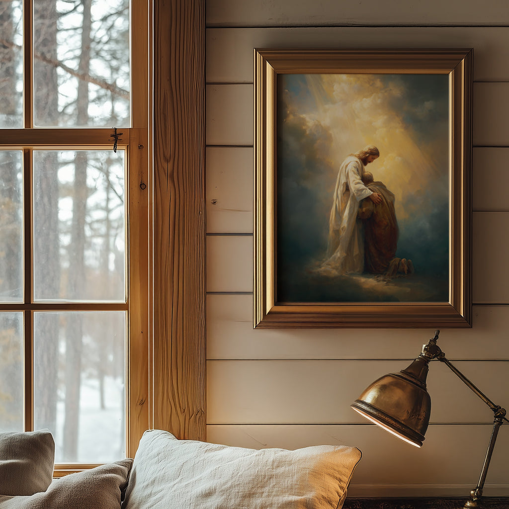 Healing Pain - Jesus Embracing Man in the Clouds