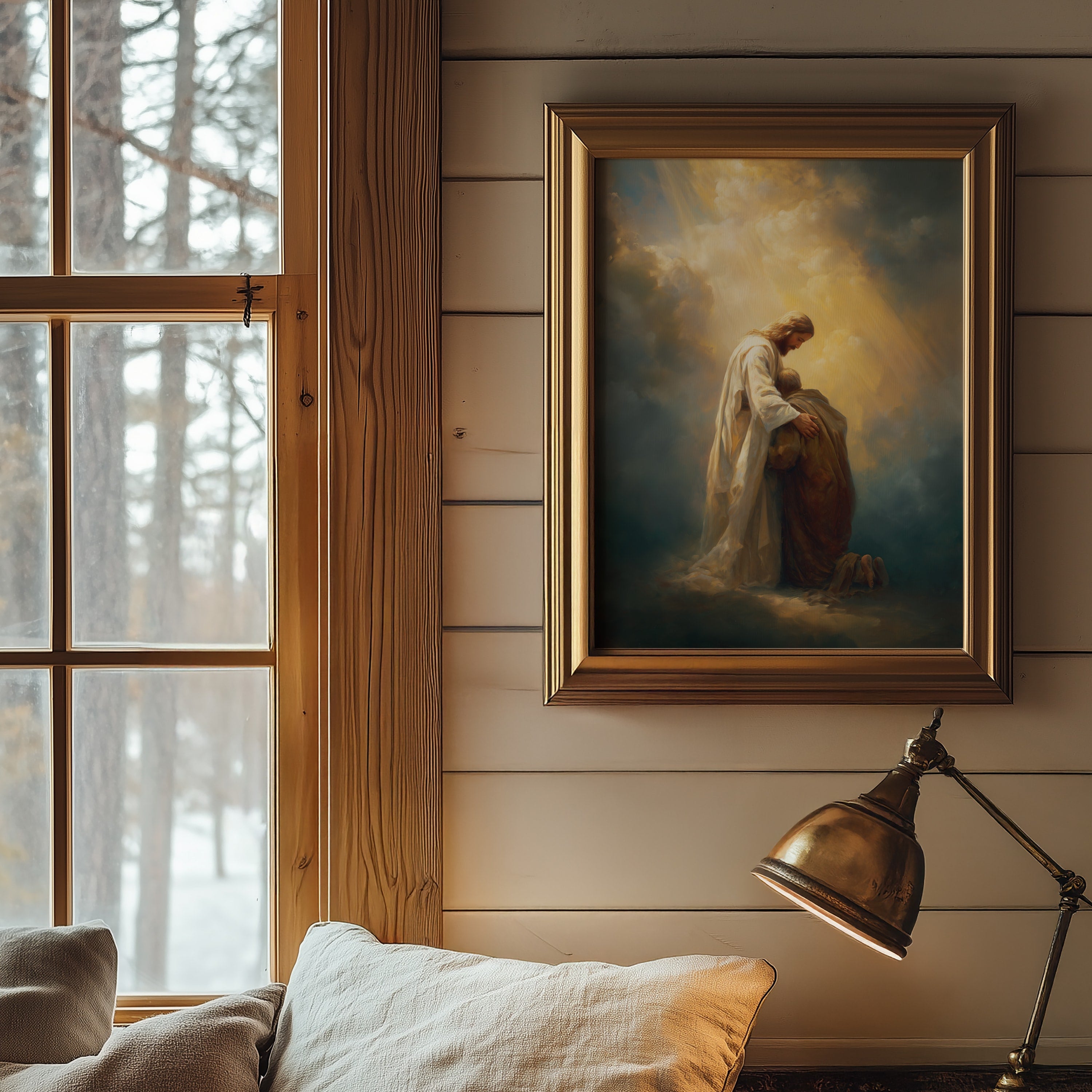 Healing Pain - Jesus Embracing Man in the Clouds