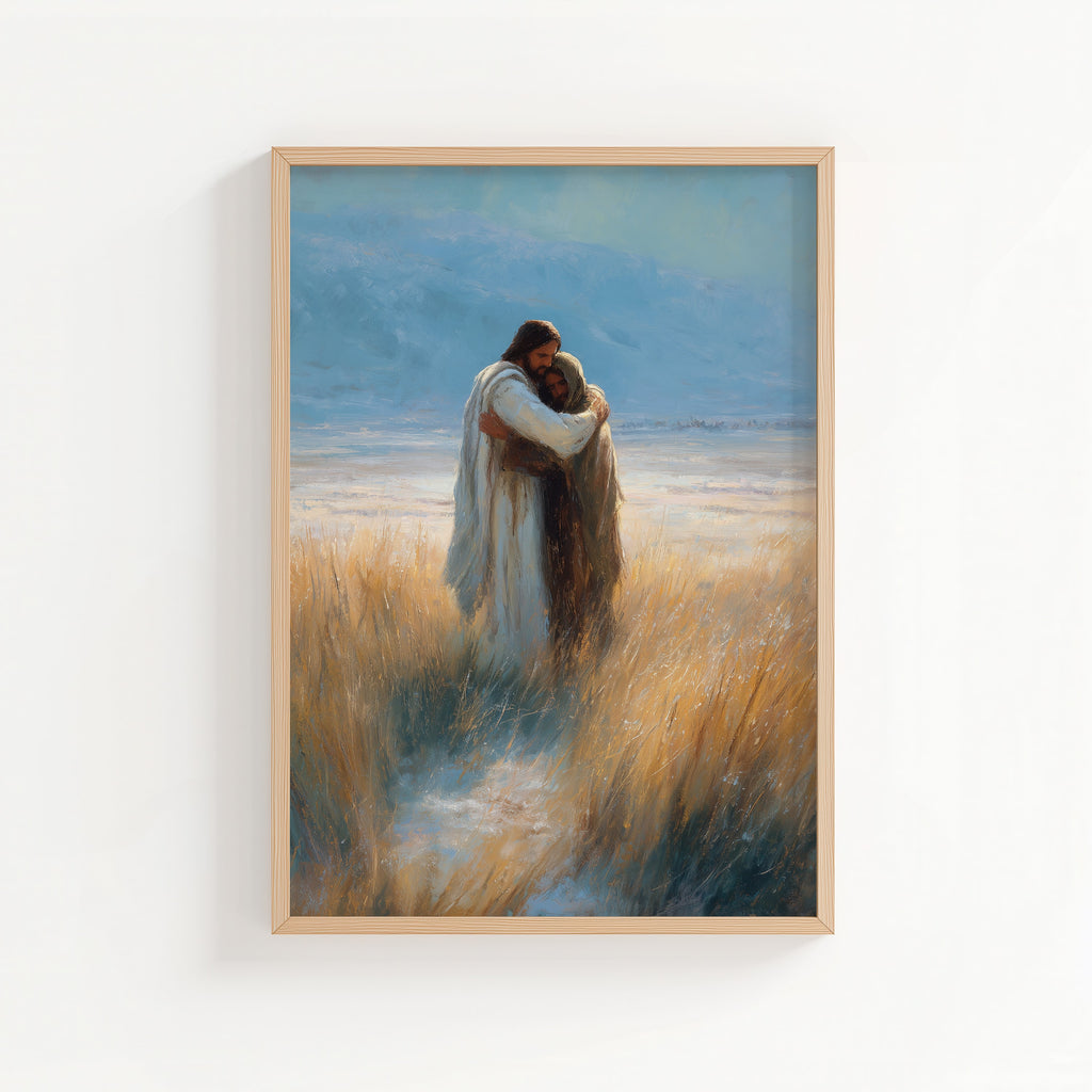 His Embrace - Jesus Embracing Distraught Man in Field