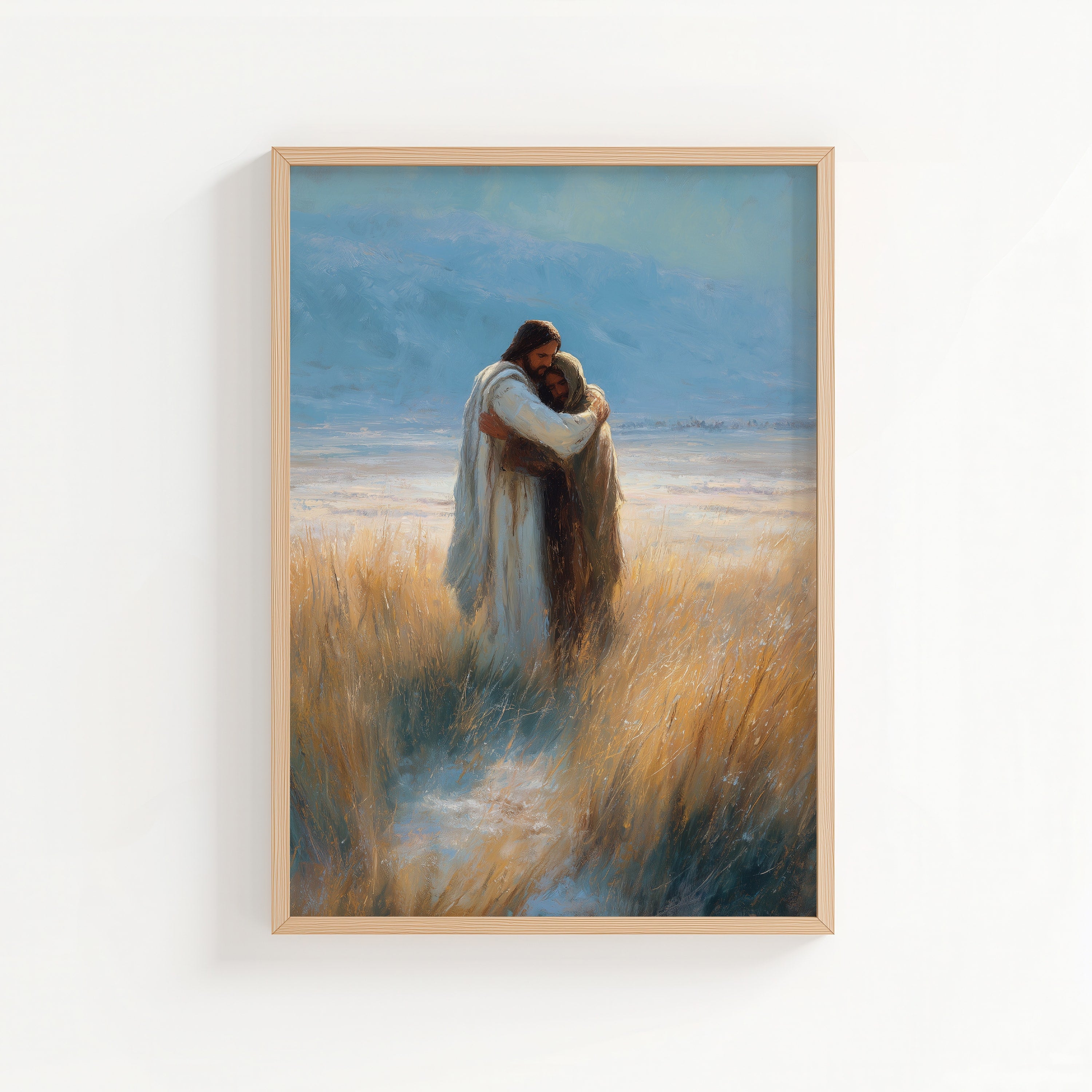 His Embrace - Jesus Embracing Distraught Man in Field