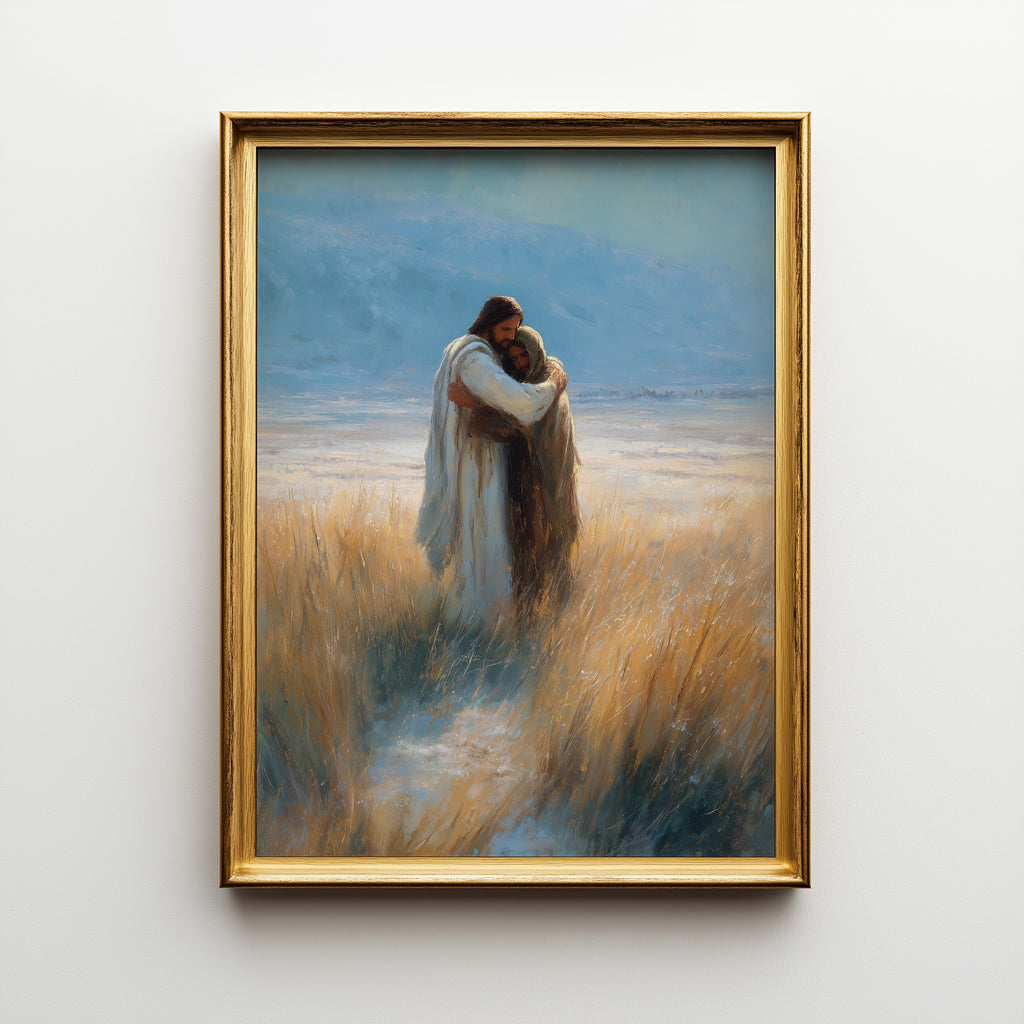 His Embrace - Jesus Embracing Distraught Man in Field