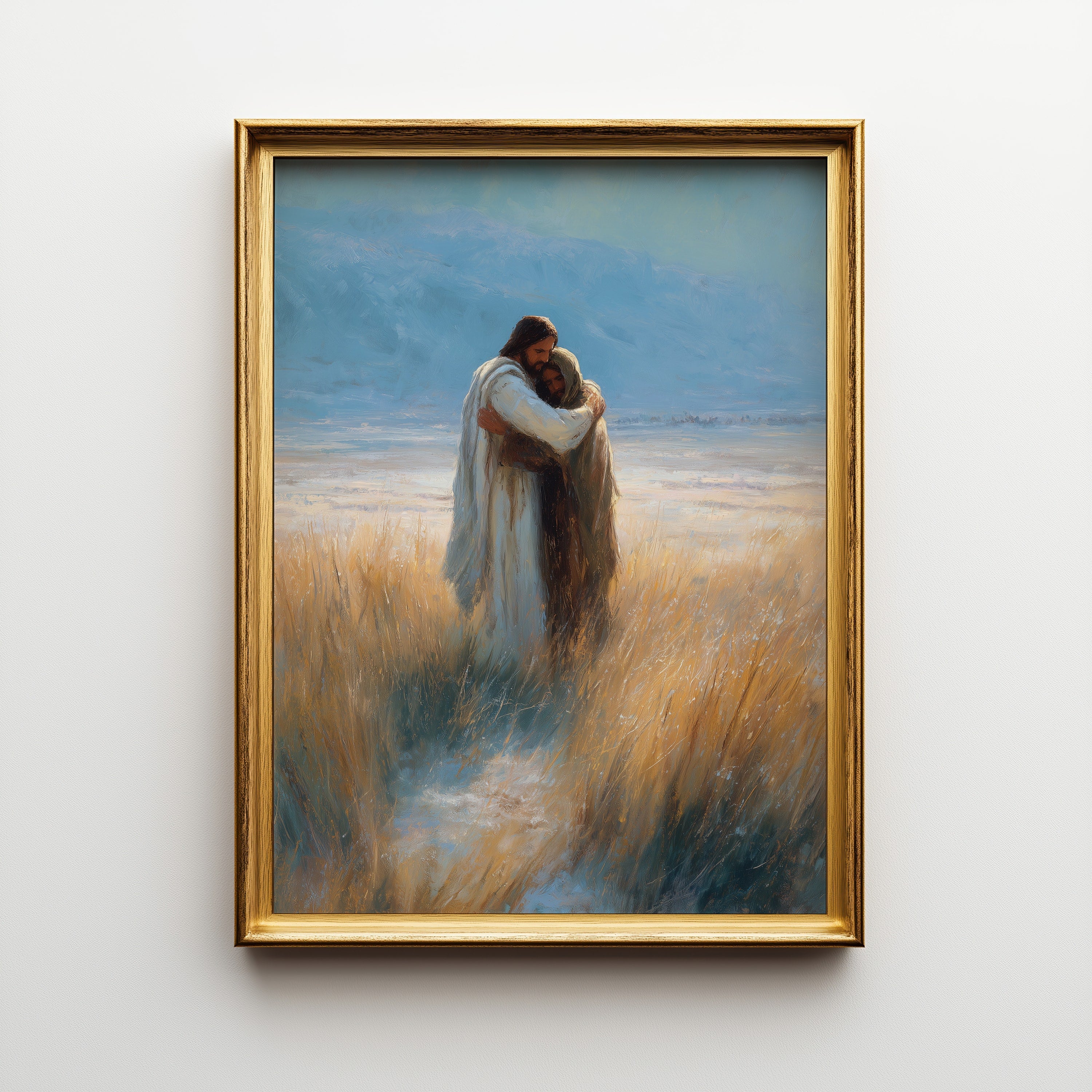 His Embrace - Jesus Embracing Distraught Man in Field