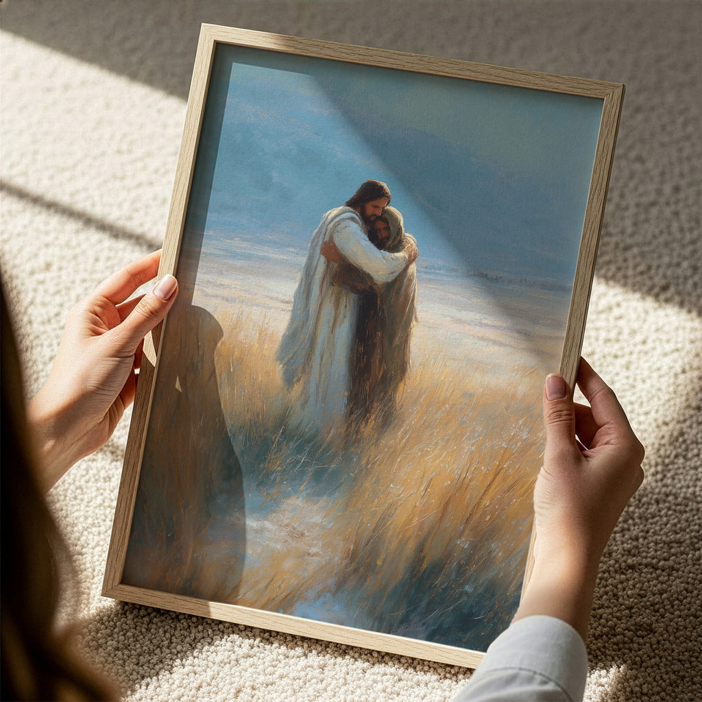 His Embrace - Jesus Embracing Distraught Man in Field