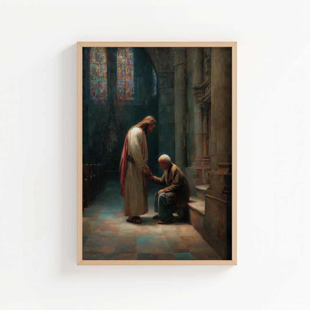 Jesus Comforting Elderly Asian Man in Church