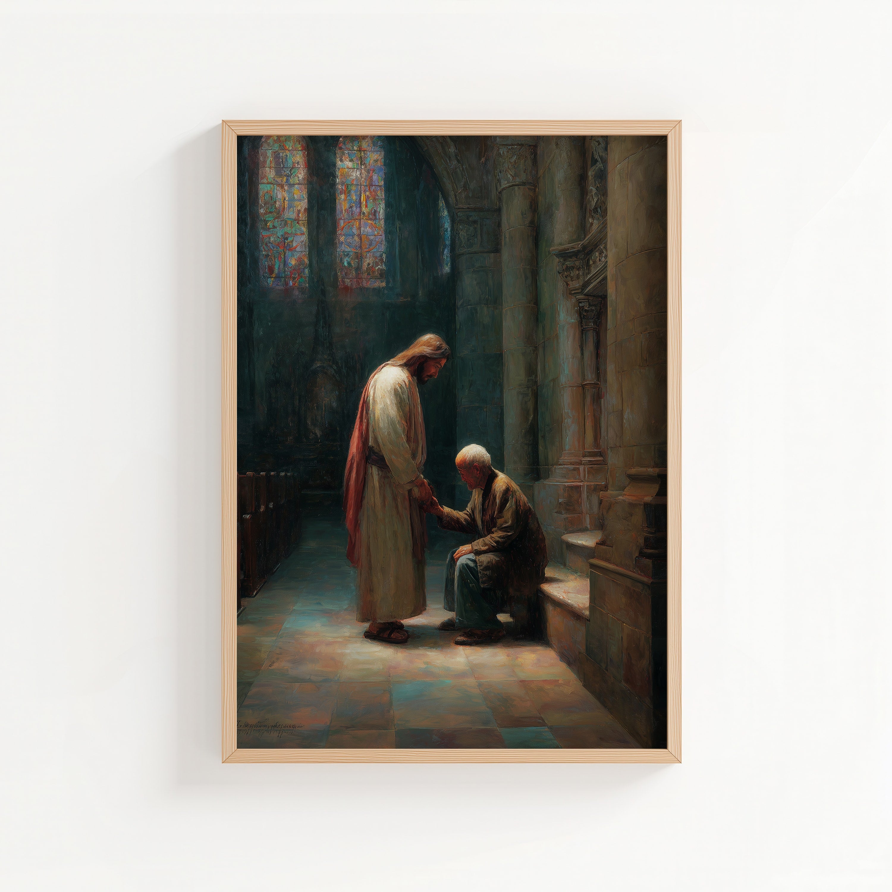 Jesus Comforting Elderly Asian Man in Church