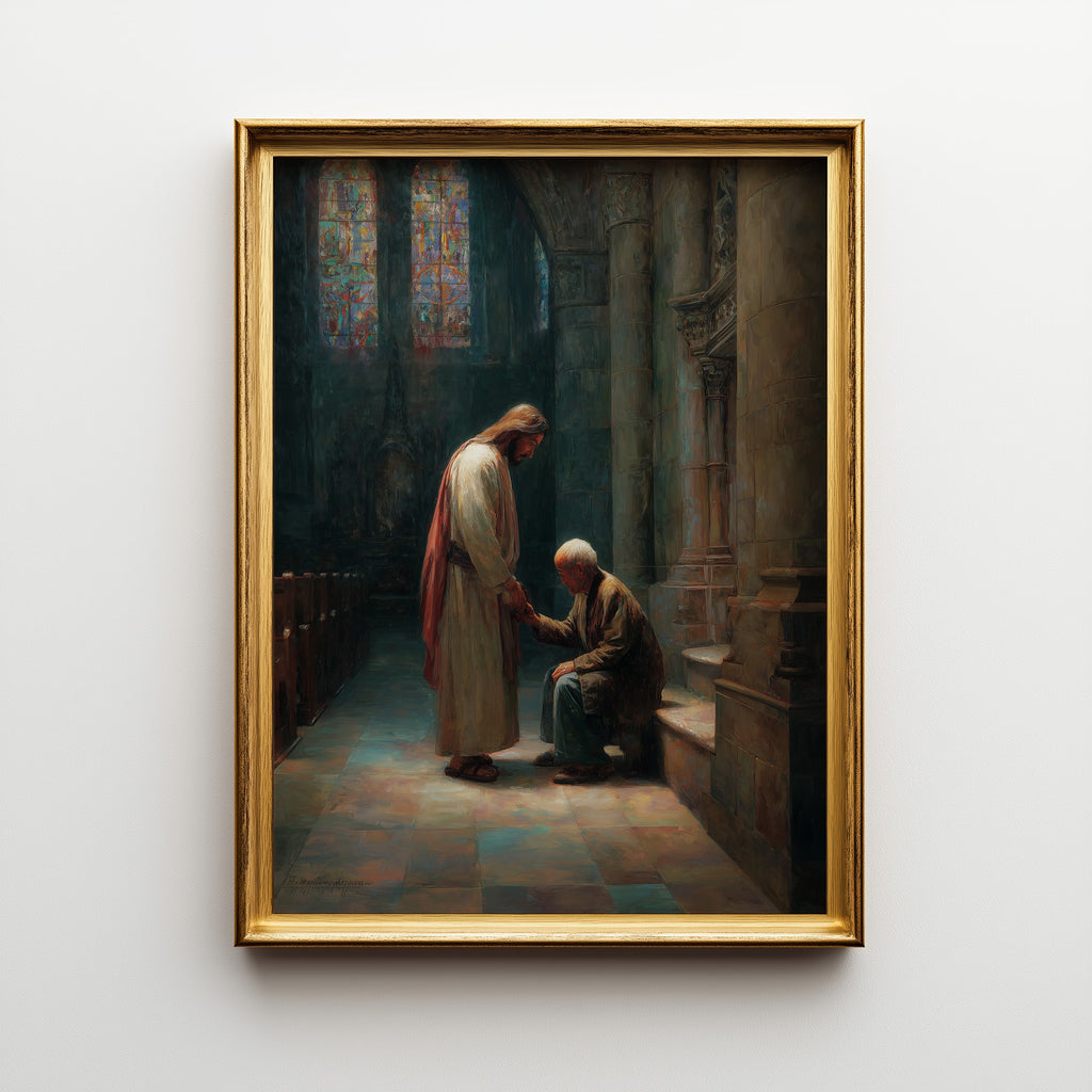 Jesus Comforting Elderly Asian Man in Church