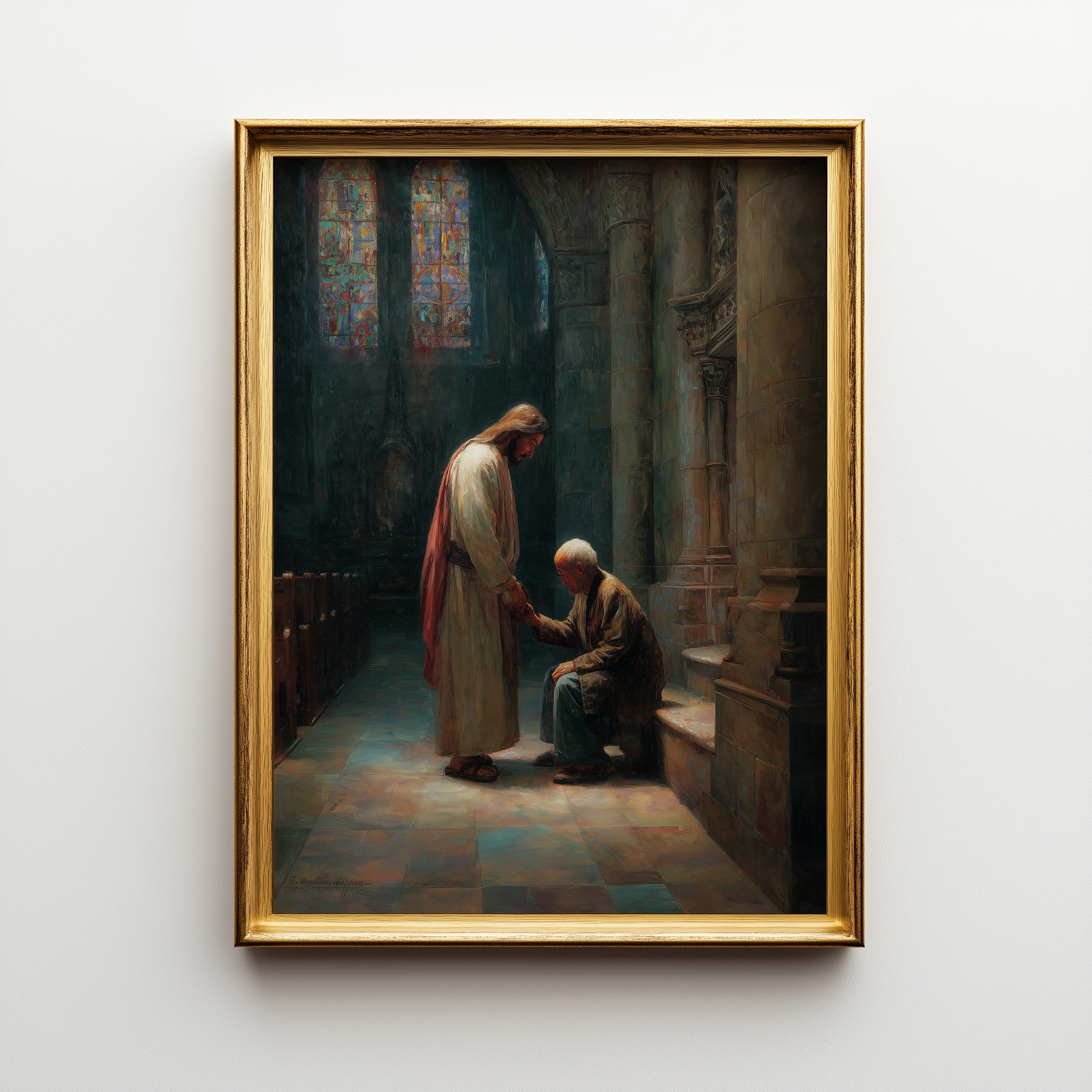 Jesus Comforting Elderly Asian Man in Church