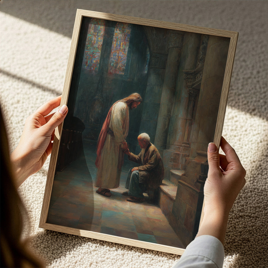 Jesus Comforting Elderly Asian Man in Church