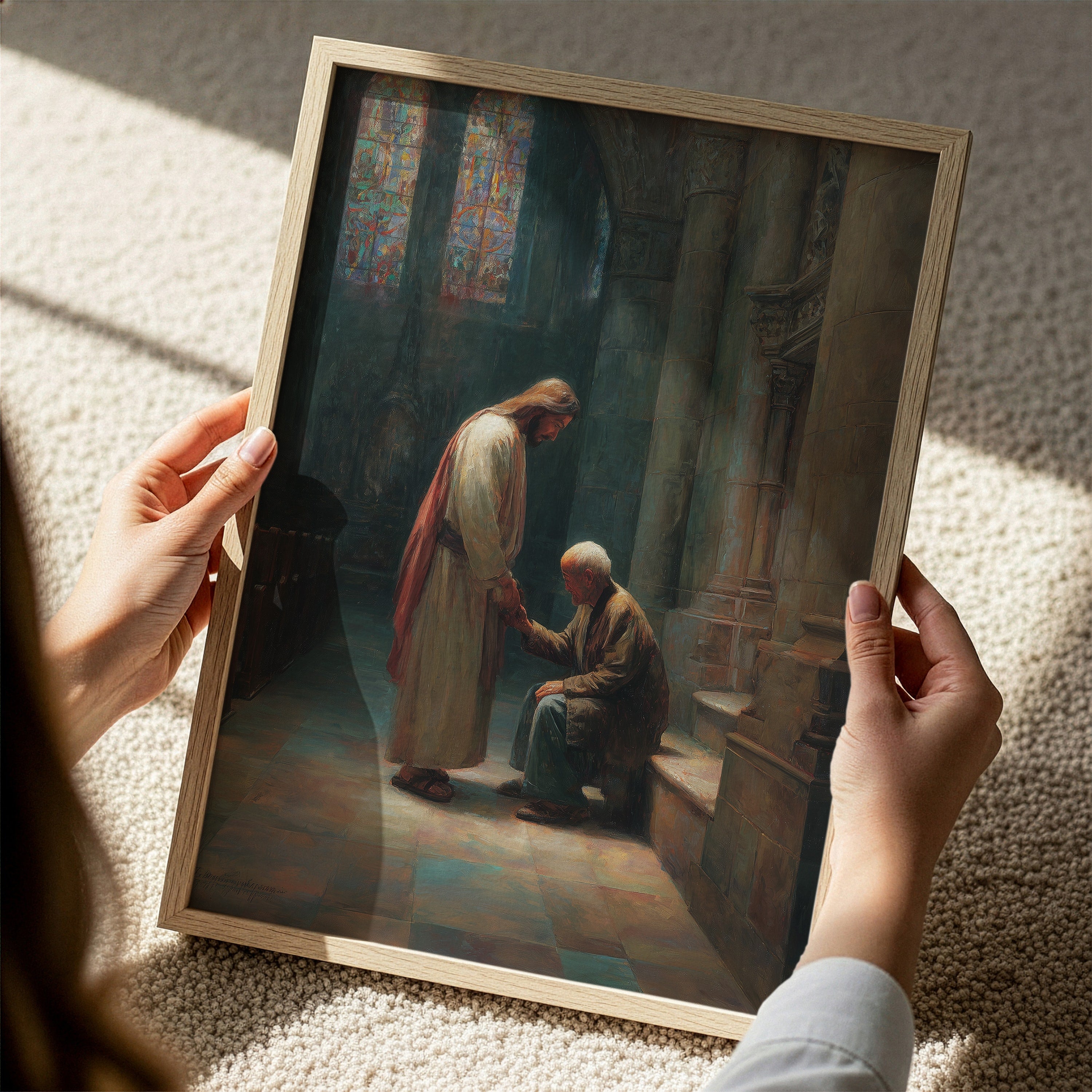 Jesus Comforting Elderly Asian Man in Church