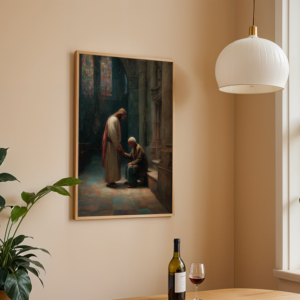 Jesus Comforting Elderly Asian Man in Church