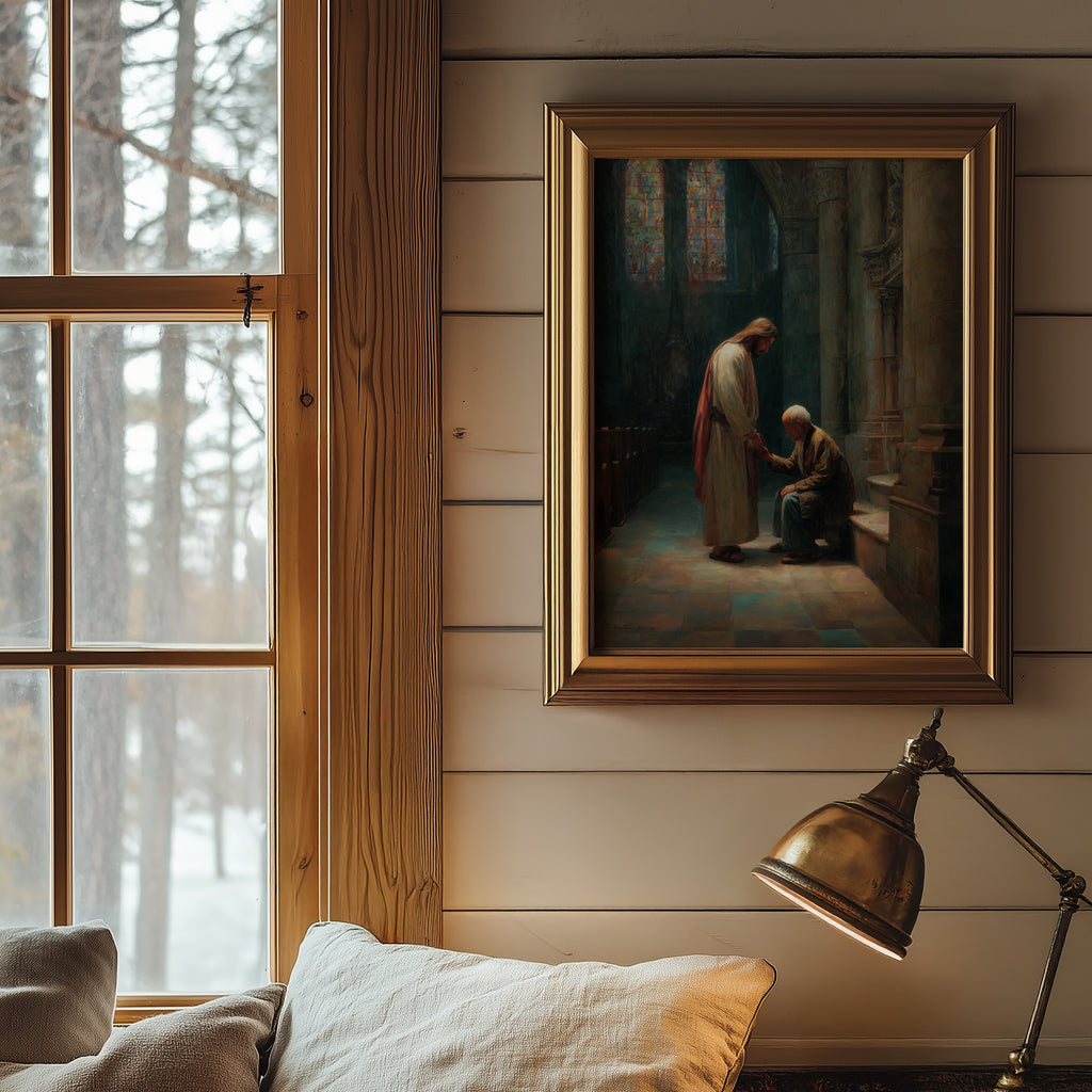 Jesus Comforting Elderly Asian Man in Church