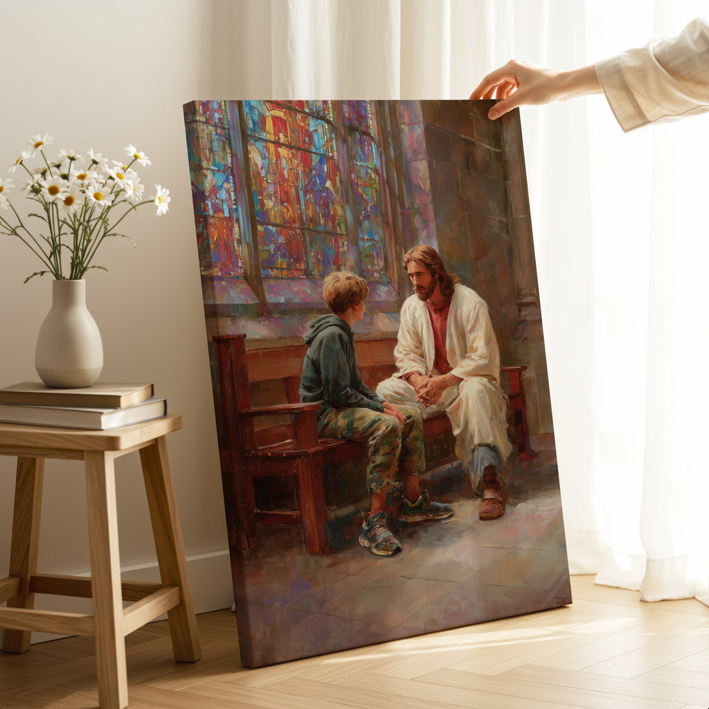 Jesus Listening to a Young Man in Church