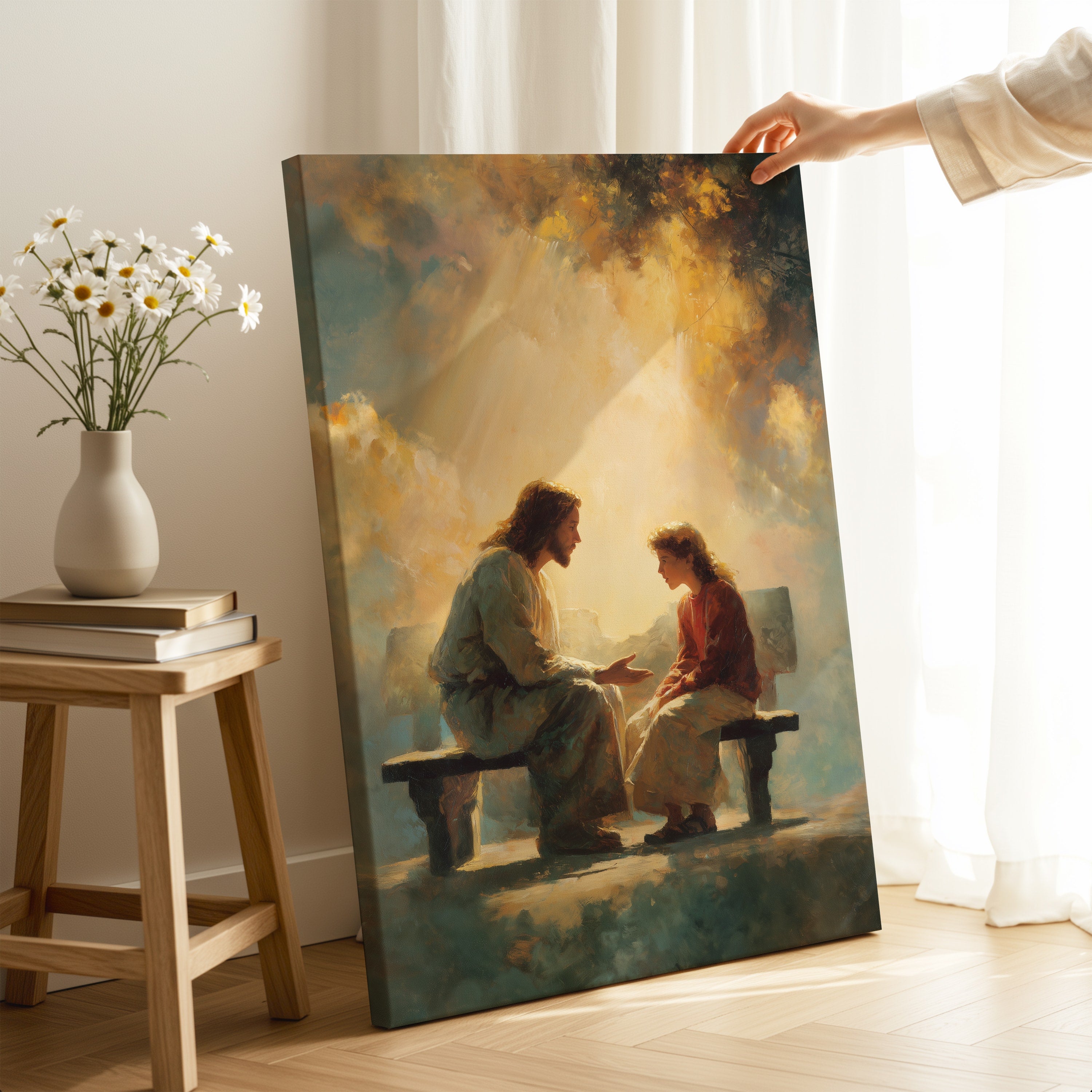 Jesus Listening to a Young Woman on a Bench