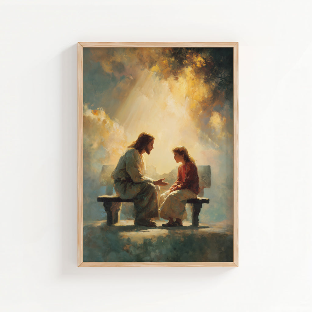 Jesus Listening to a Young Woman on a Bench