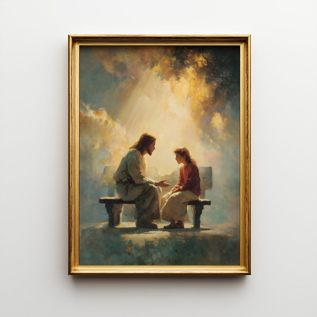 Jesus Listening to a Young Woman on a Bench
