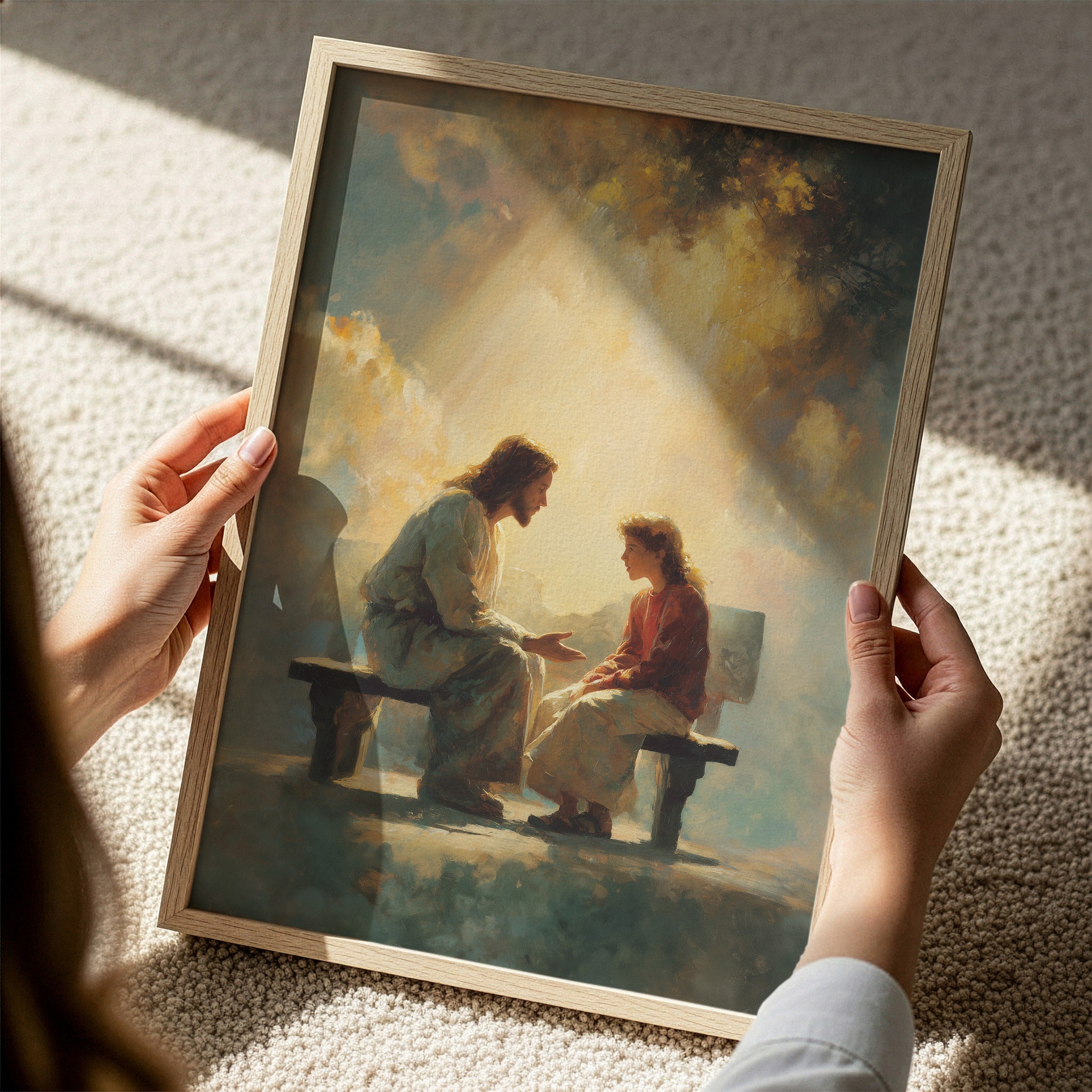 Jesus Listening to a Young Woman on a Bench