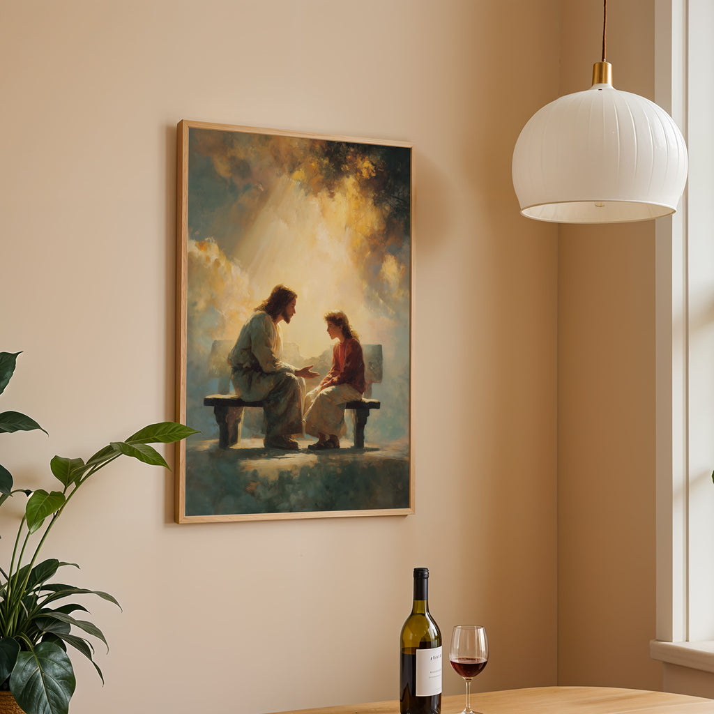 Jesus Listening to a Young Woman on a Bench