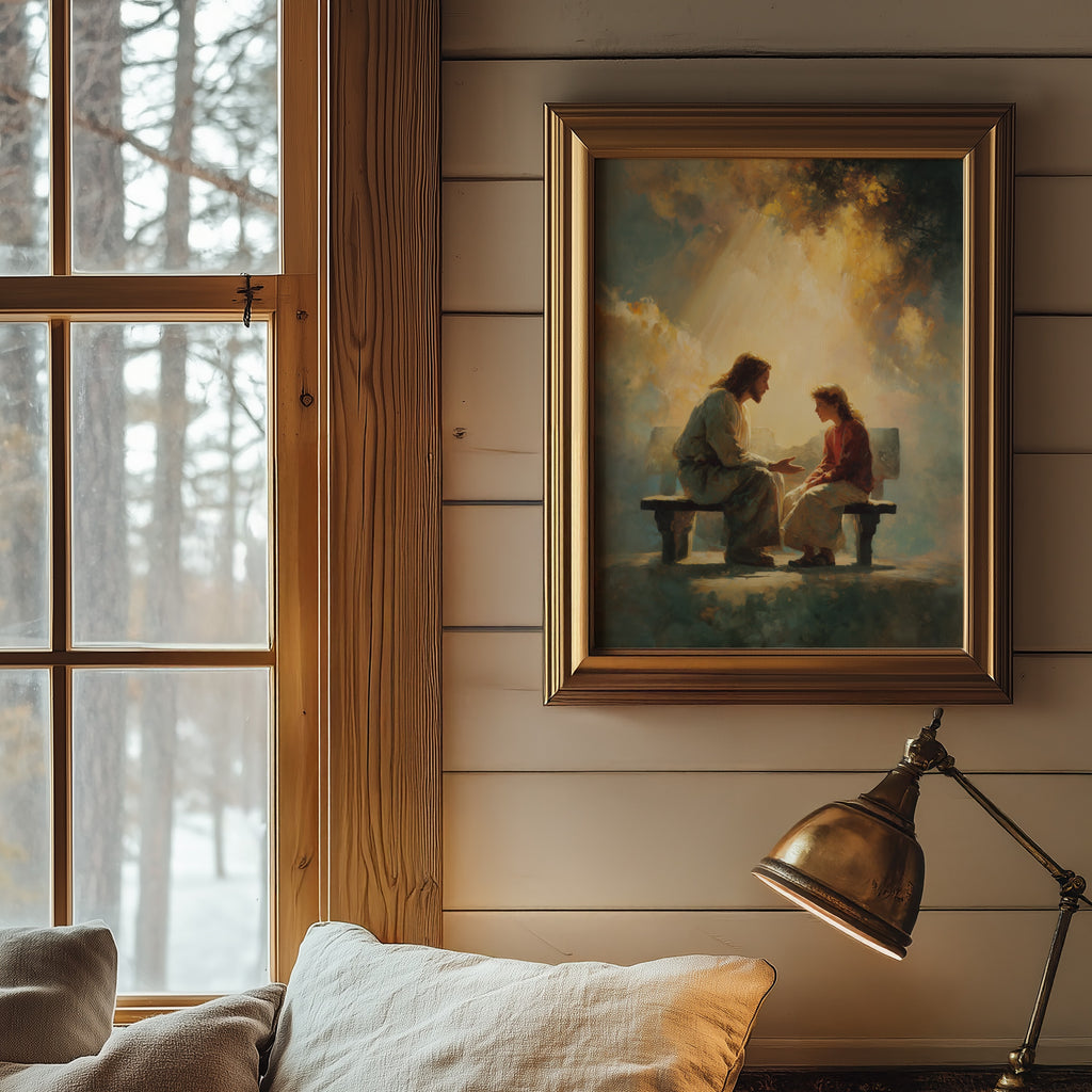 Jesus Listening to a Young Woman on a Bench