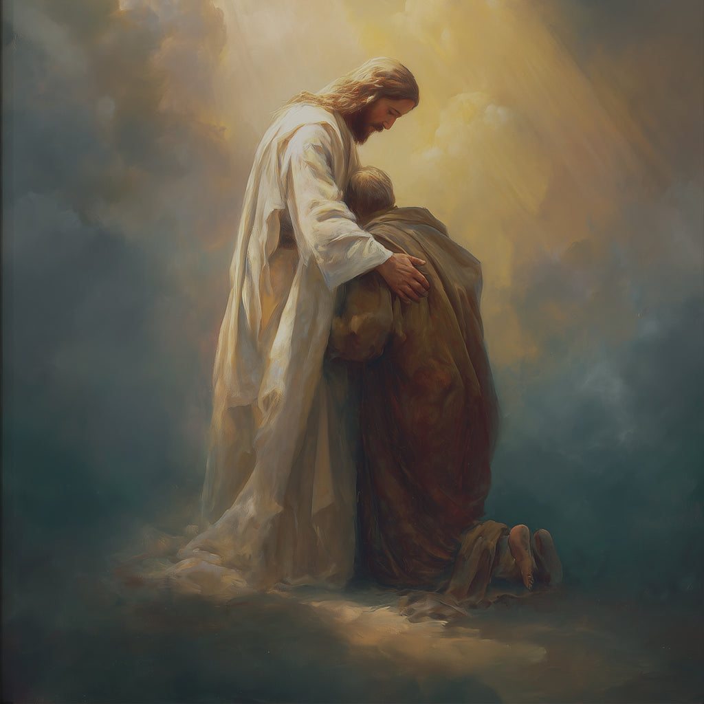 Healing Pain - Jesus Embracing Man in the Clouds