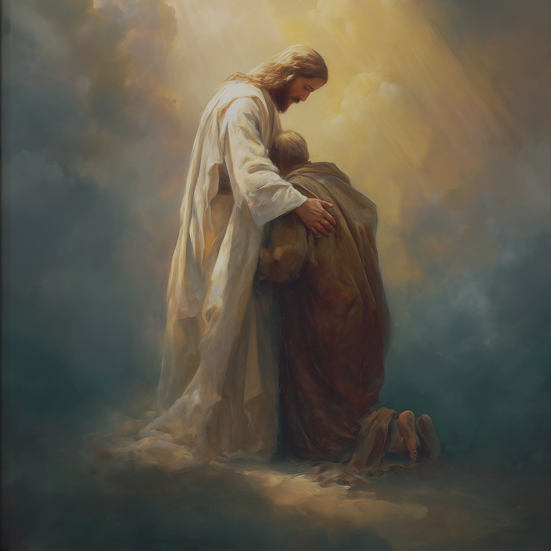 Healing Pain - Jesus Embracing Man in the Clouds