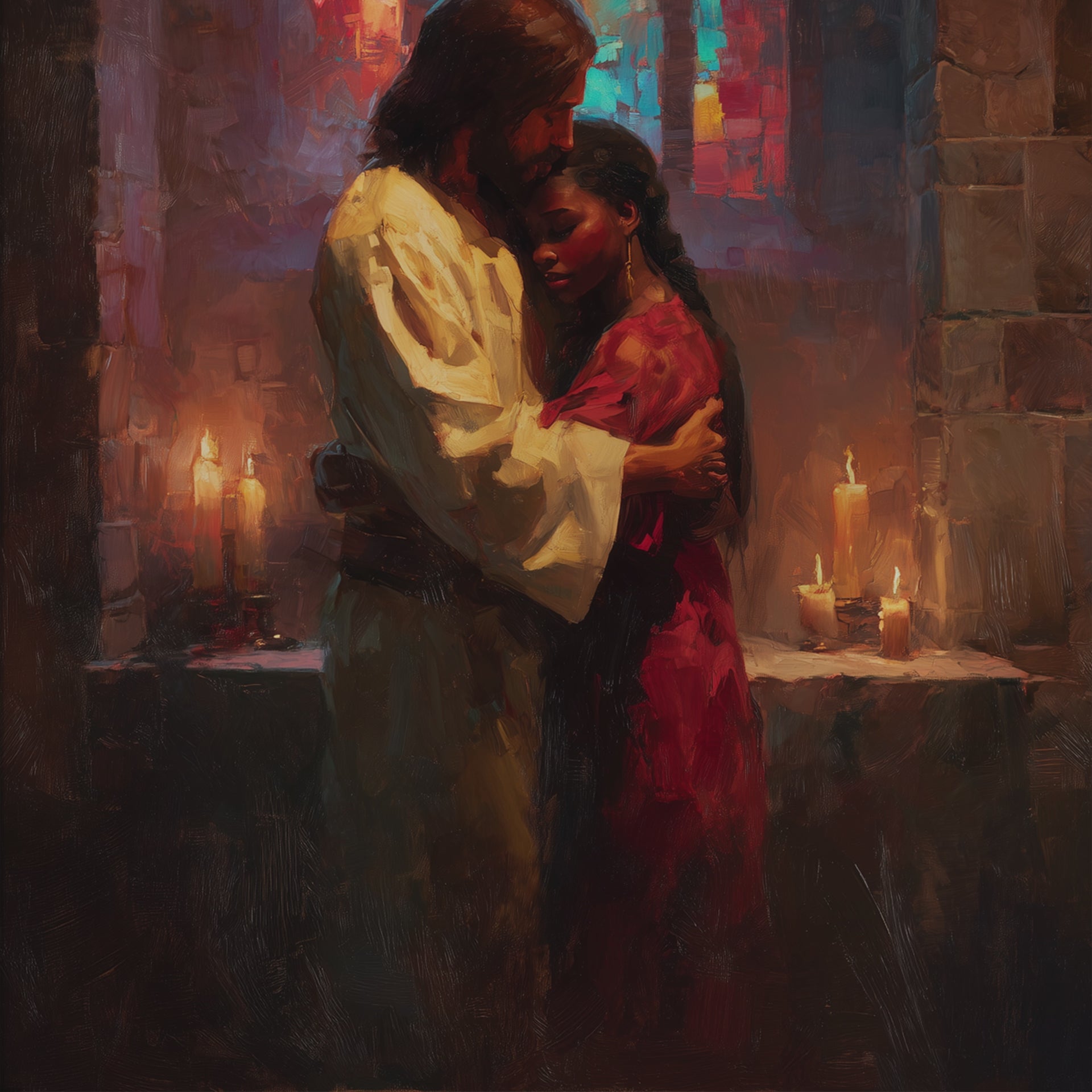 Jesus Embracing a Black Woman in Church
